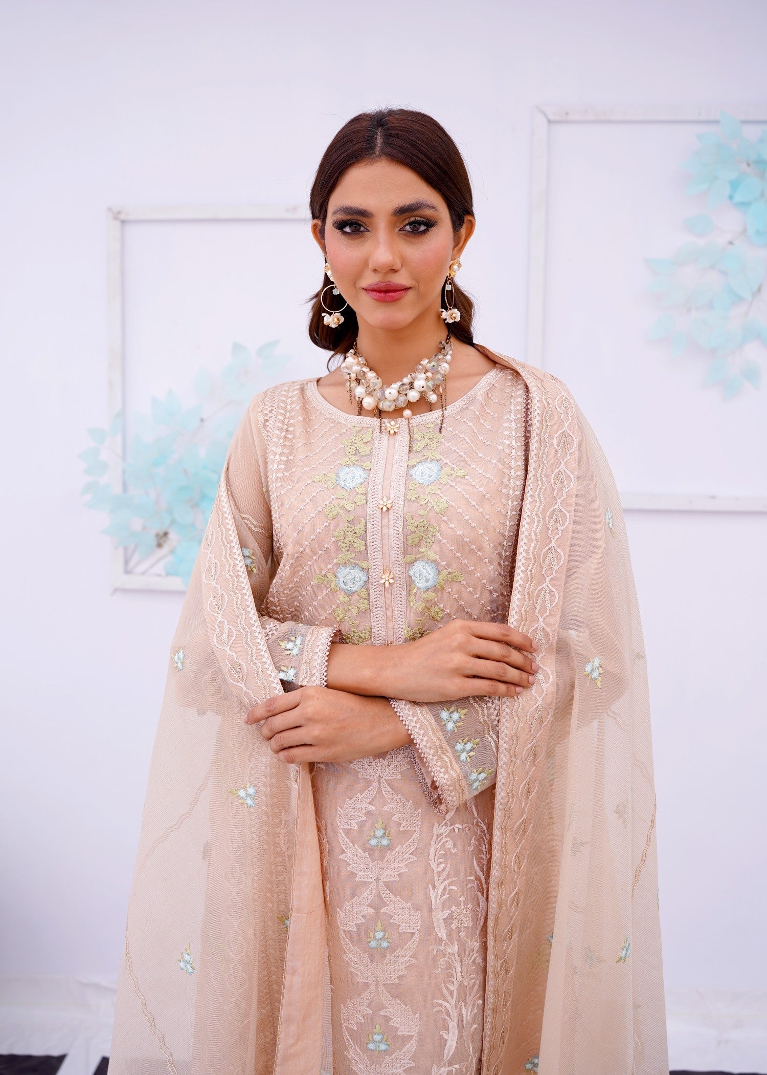 organza net Kurta Set in Beige