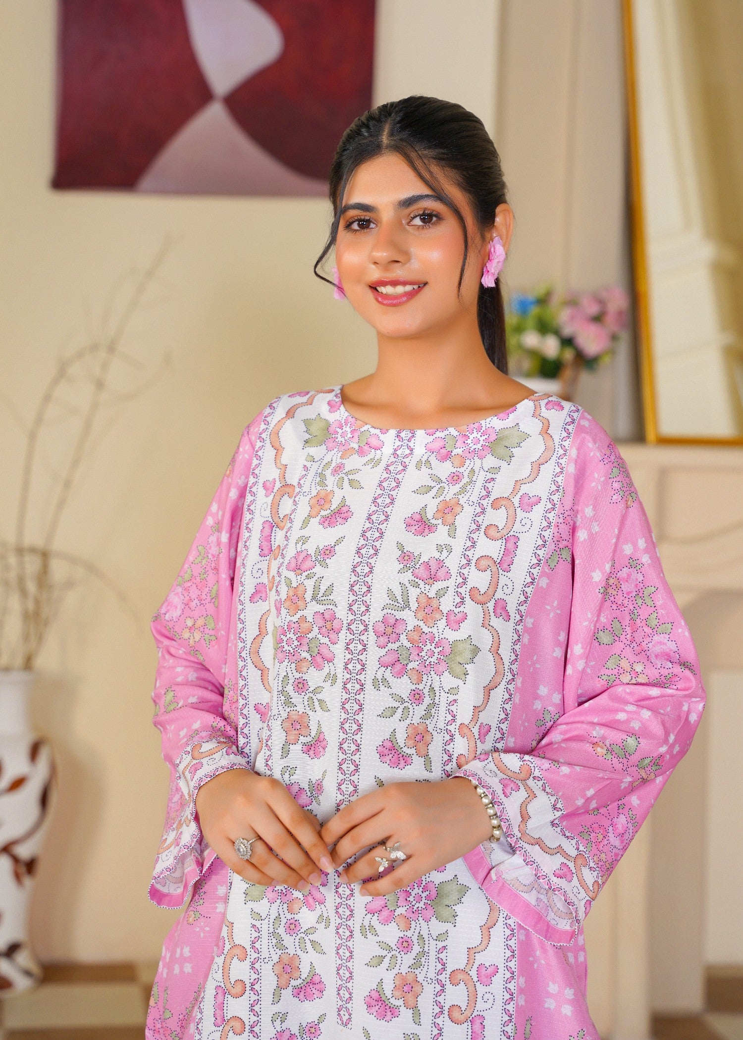 slub cambric Kurta Set in Blush pink