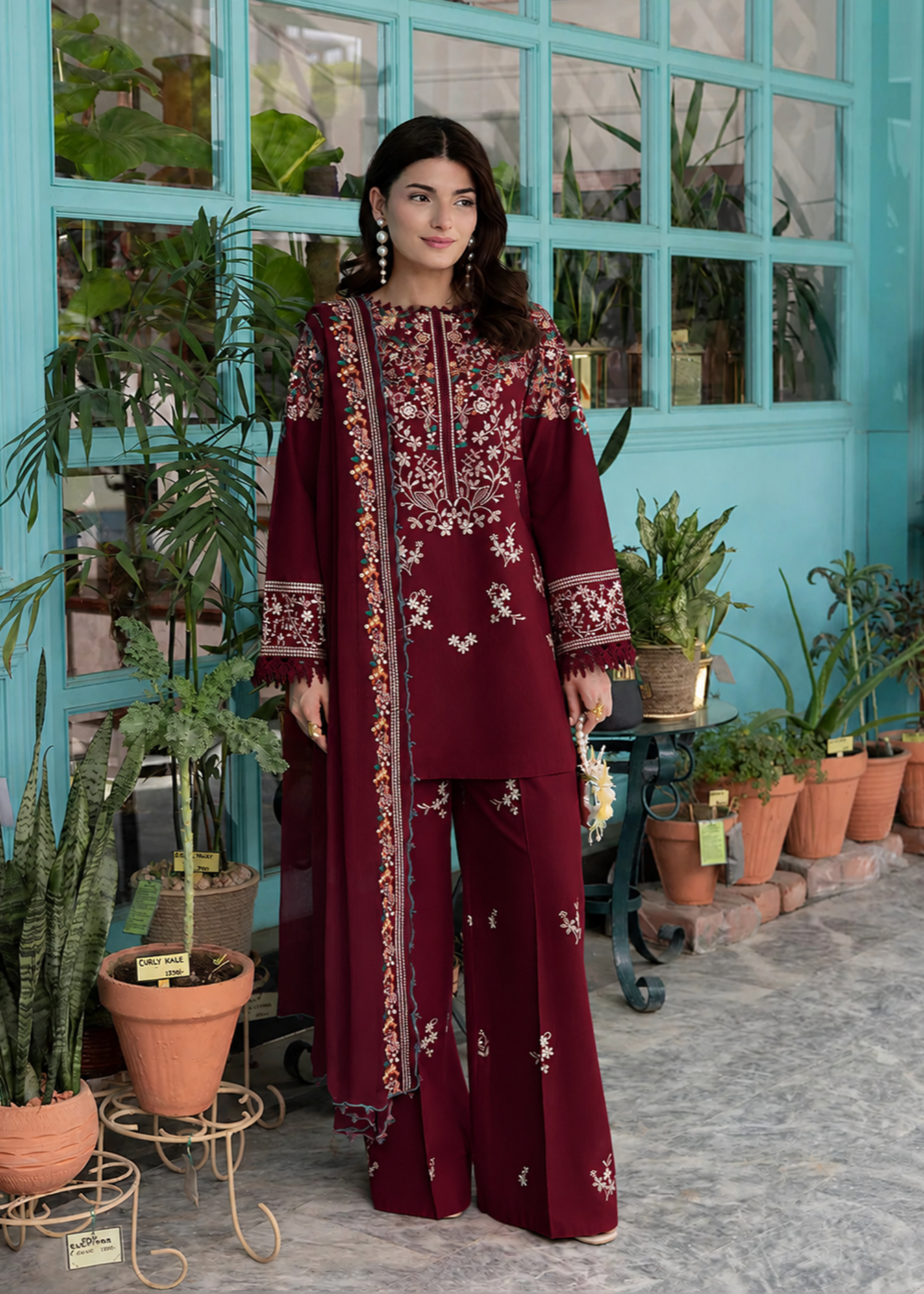 lawn Kurta Set in Blood red