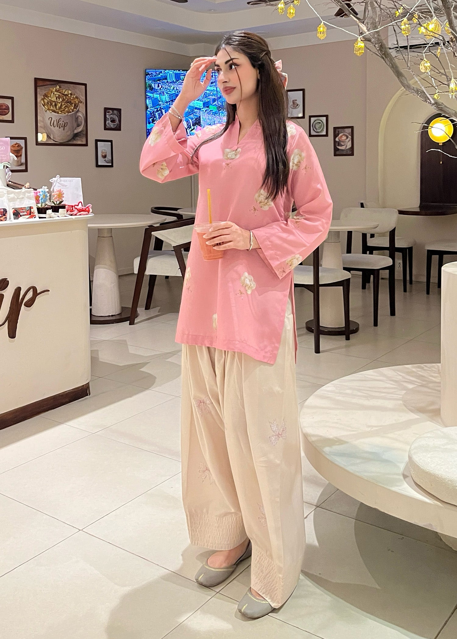 silk finish lawn Kurta Set in Pink