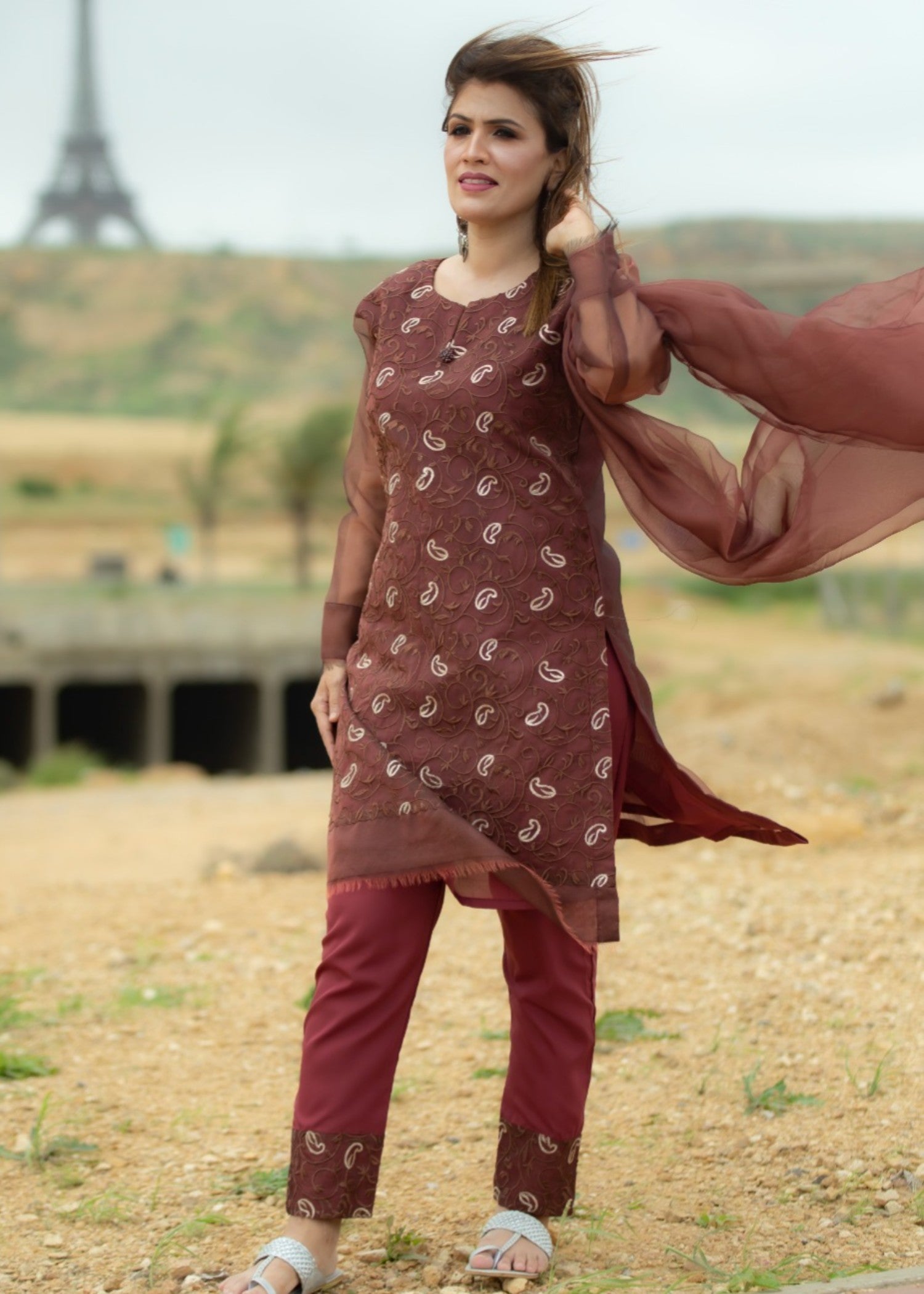 organza Kurta Set in Brown, maroon
