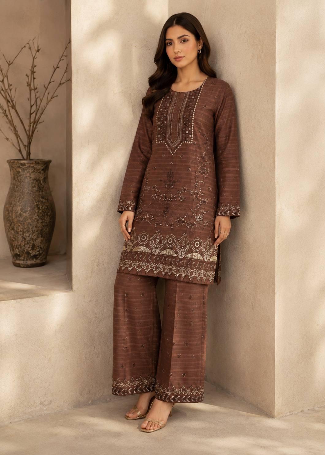 lawn Kurta Set in Brown