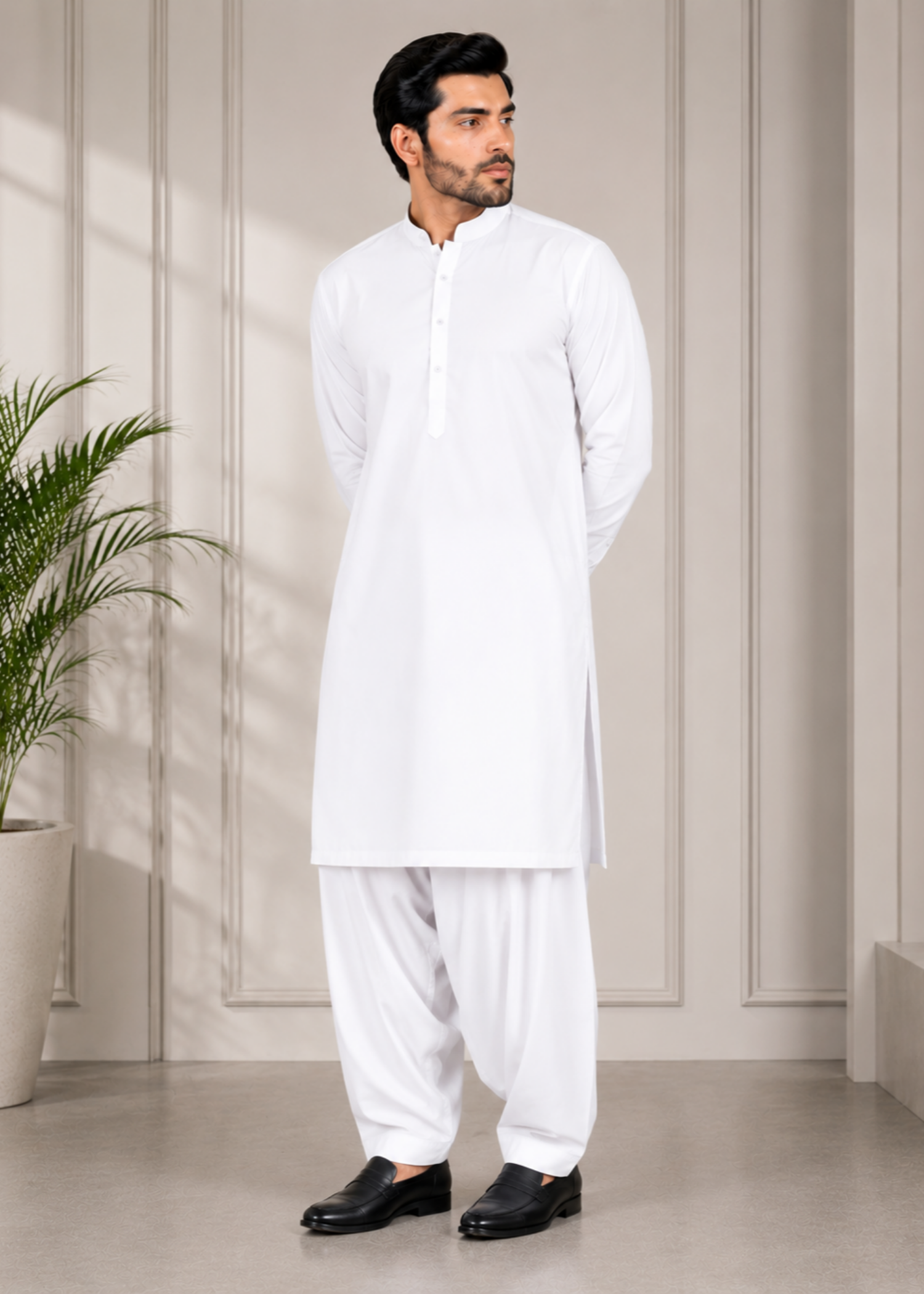 cotton Shalwar Kameez in White by Hassan Jee Men