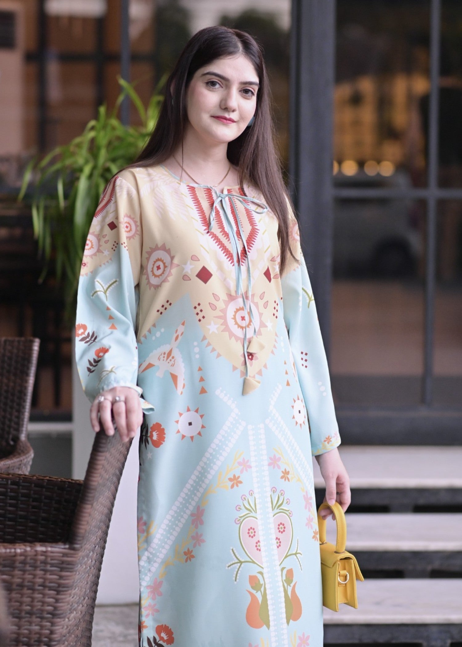 blended khaddar Kurta Set in Light blue, light yellow