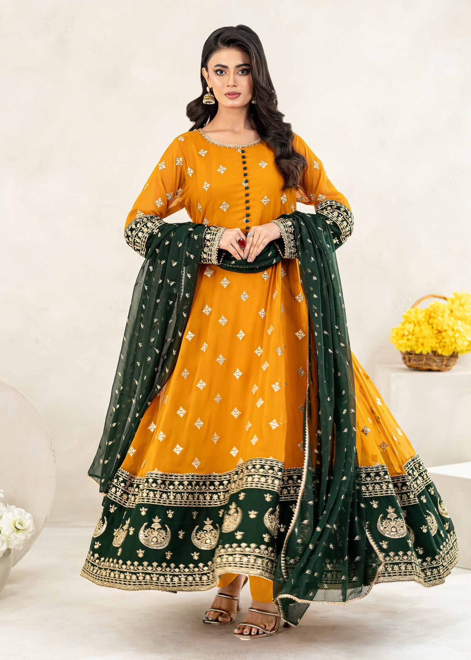 chiffon Anarkali in Mustard