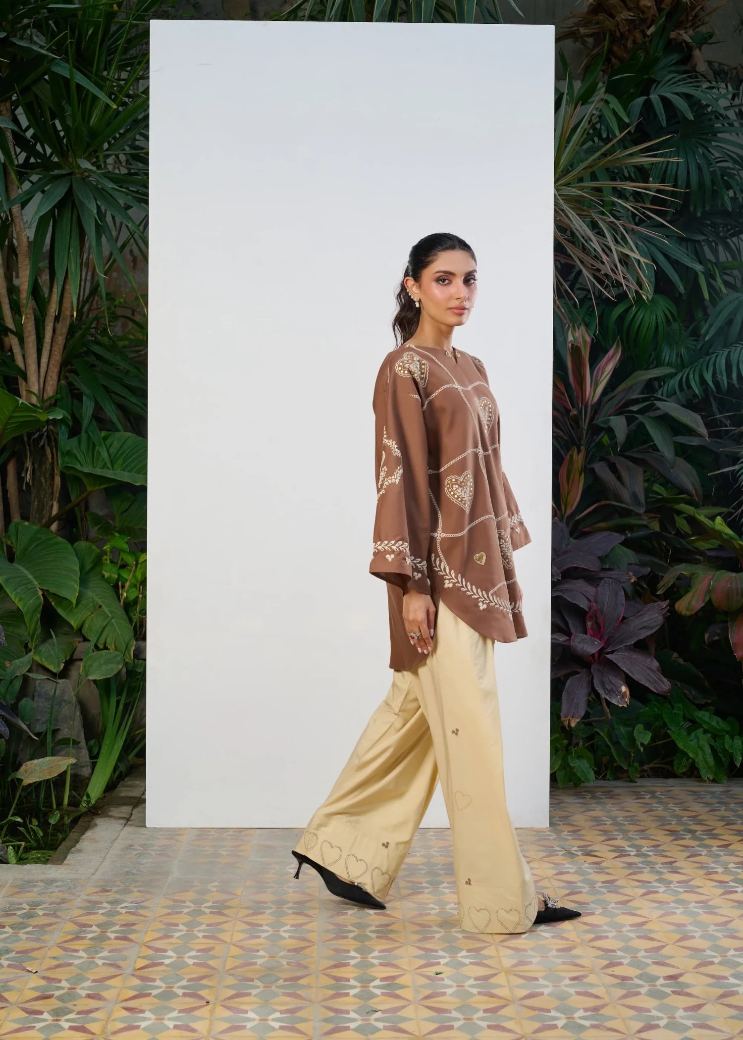 cotton Kurta Set in Brown, cream