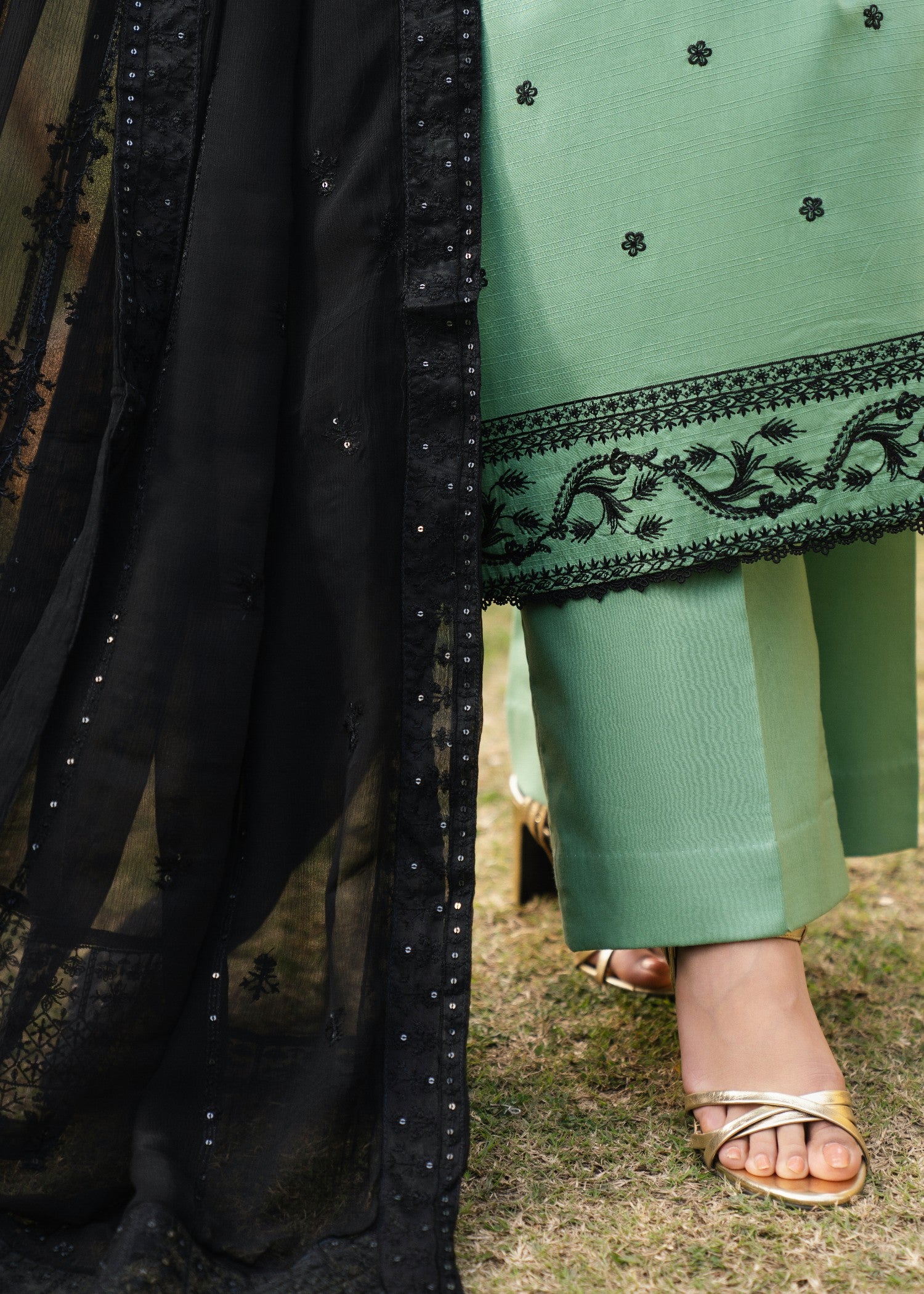 lawn Kurta Set in Mint green, black