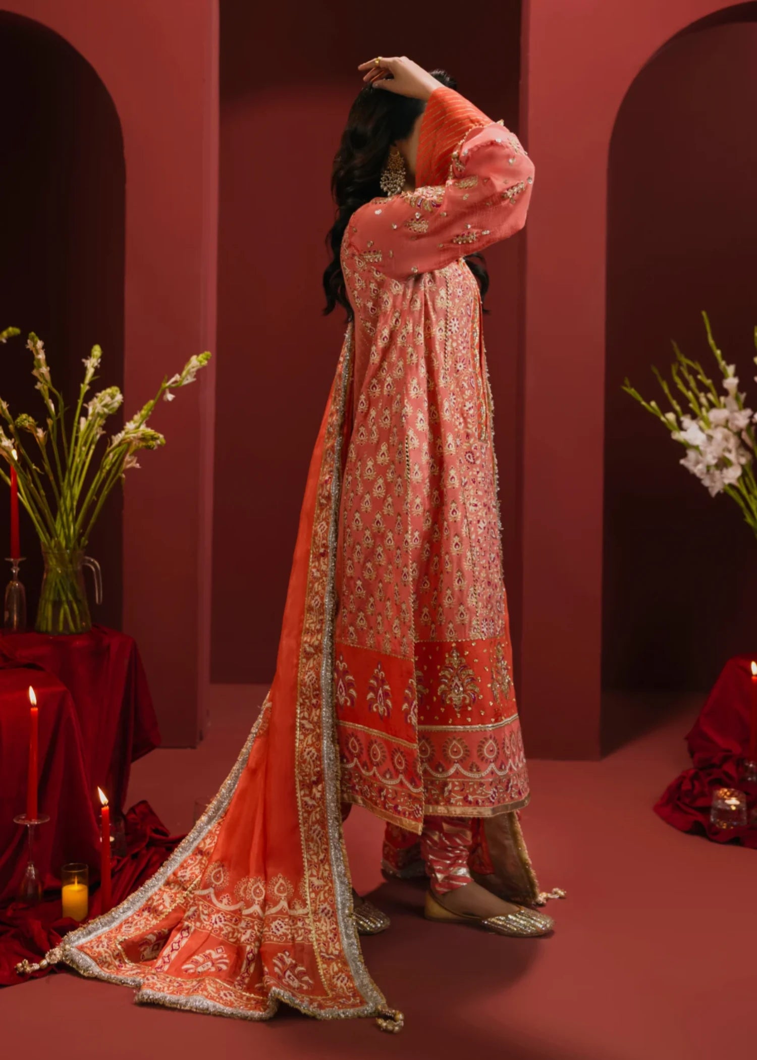 raw silk Unstitched in Coral orange