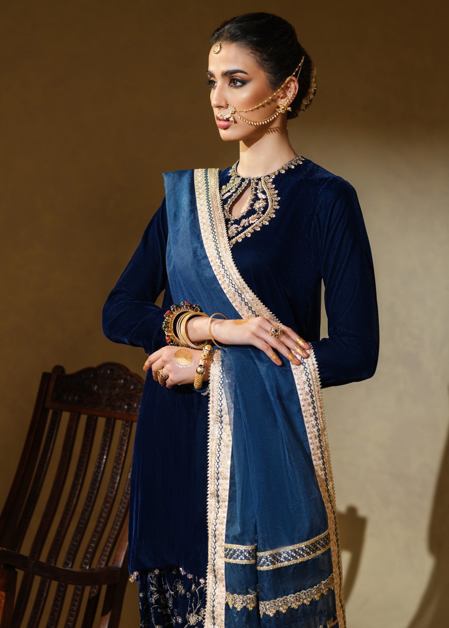 velvet Kurta Set in Navy blue