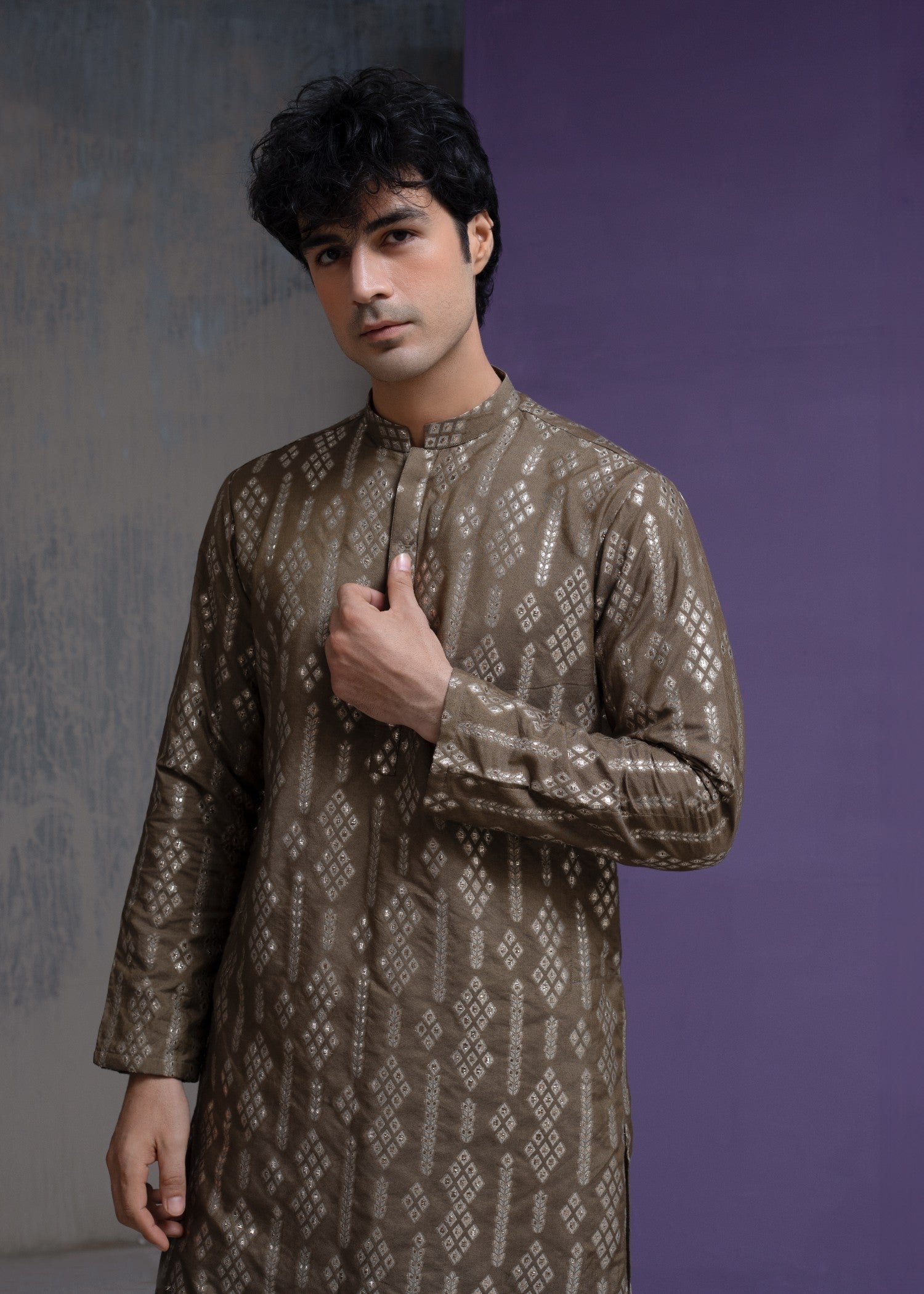 cotton silk Kurta Set in Chocolate brown, gold by House Of Arsalan Iqbal