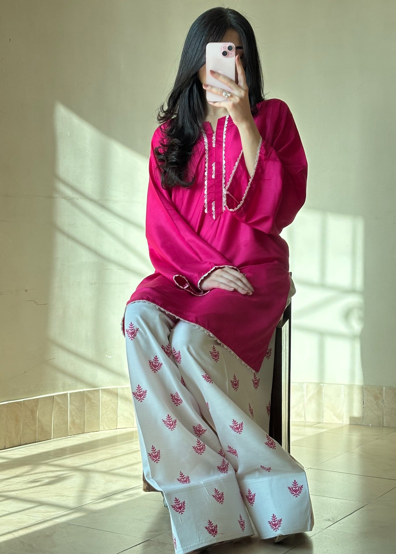 arabic lawn Kurta Set in Hot pink red