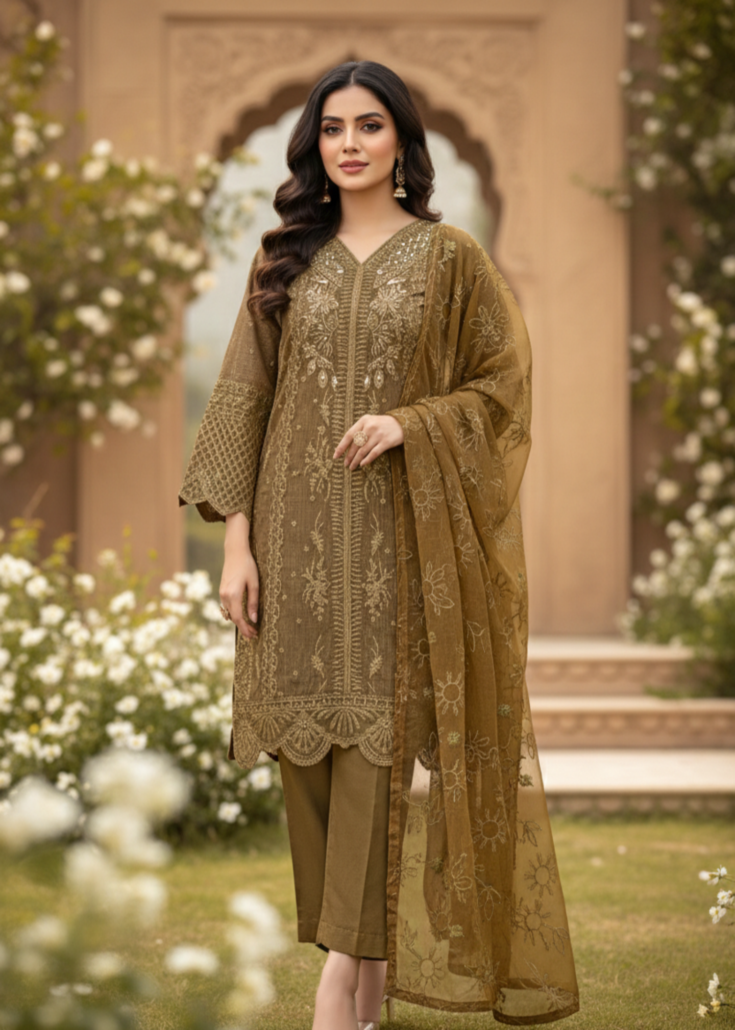 organza net Kurta Set in Golden brown