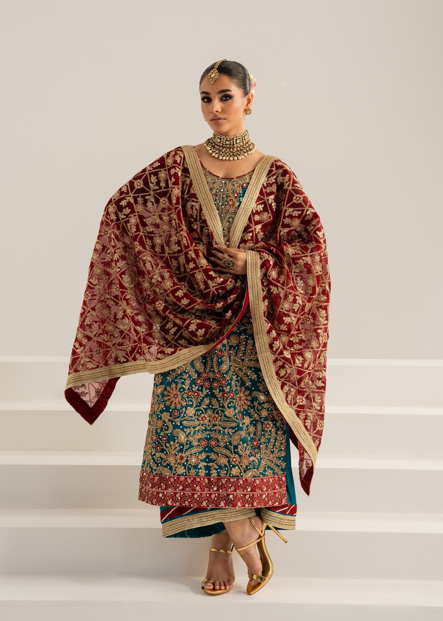 chiffon Kurta Set in Pine green