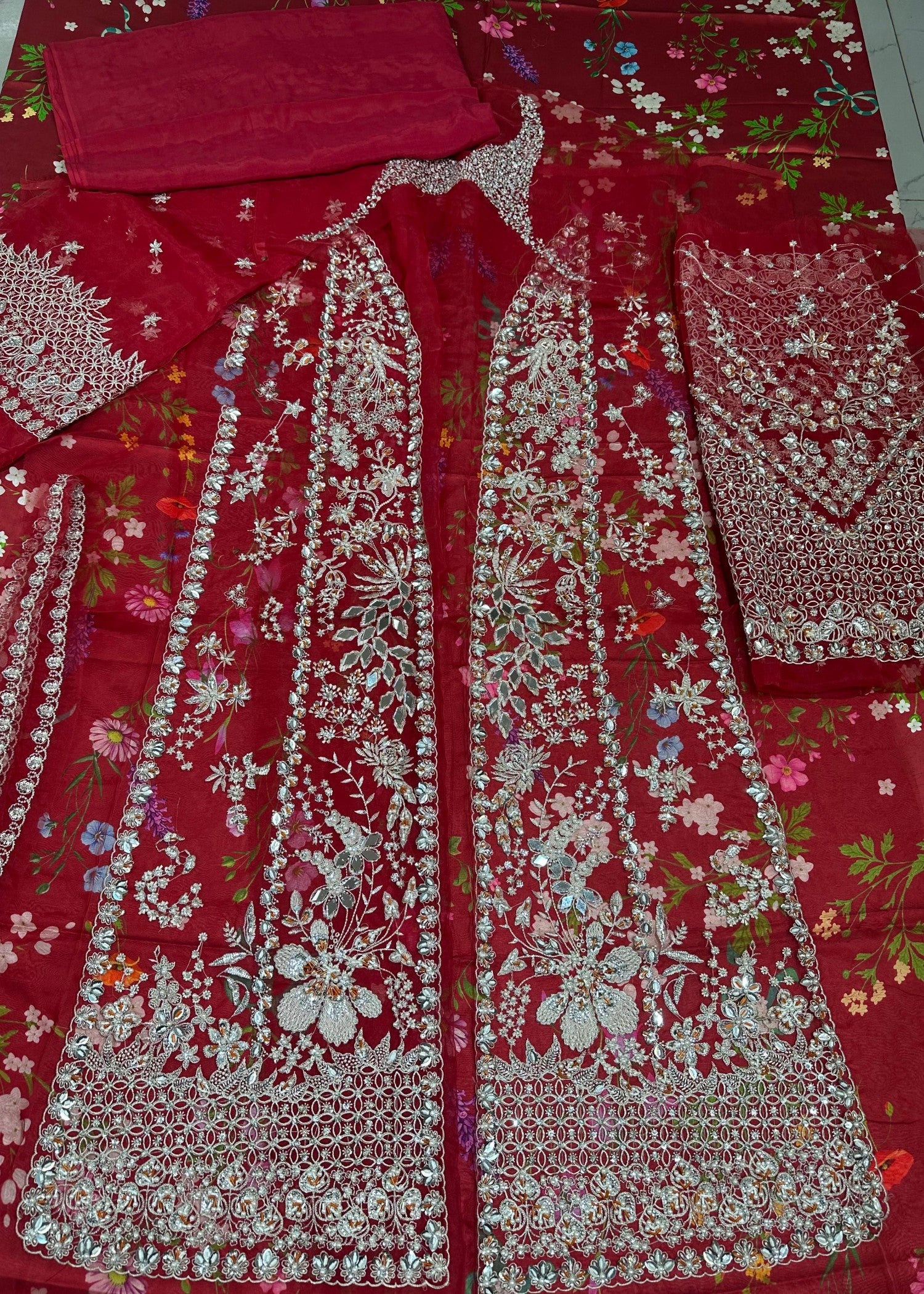 organza Unstitched in Blood red, maroon