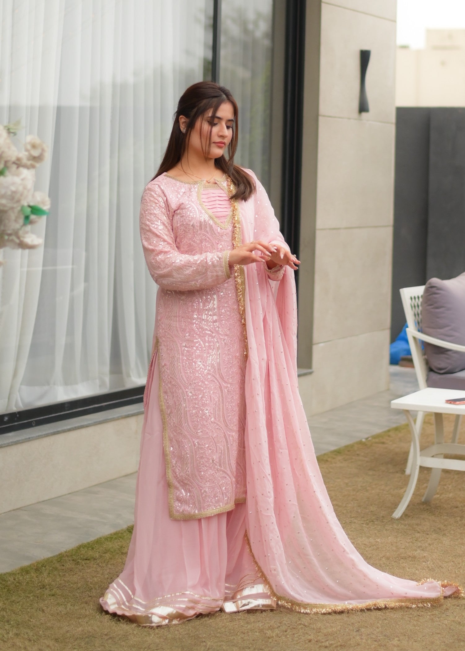 bemberg crinkle chiffon Sharara in Pink