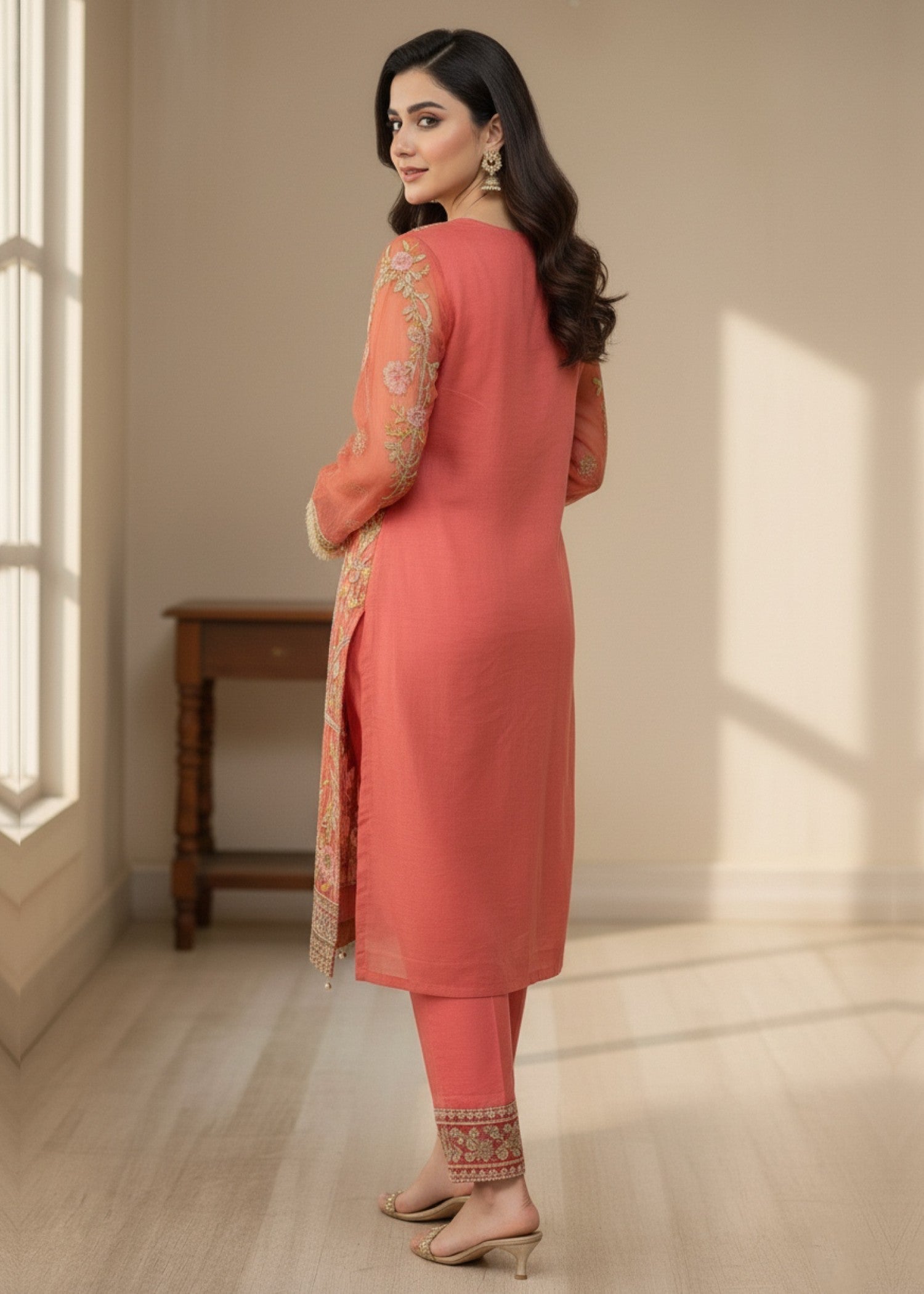 organza Kurta Set in Coral pink