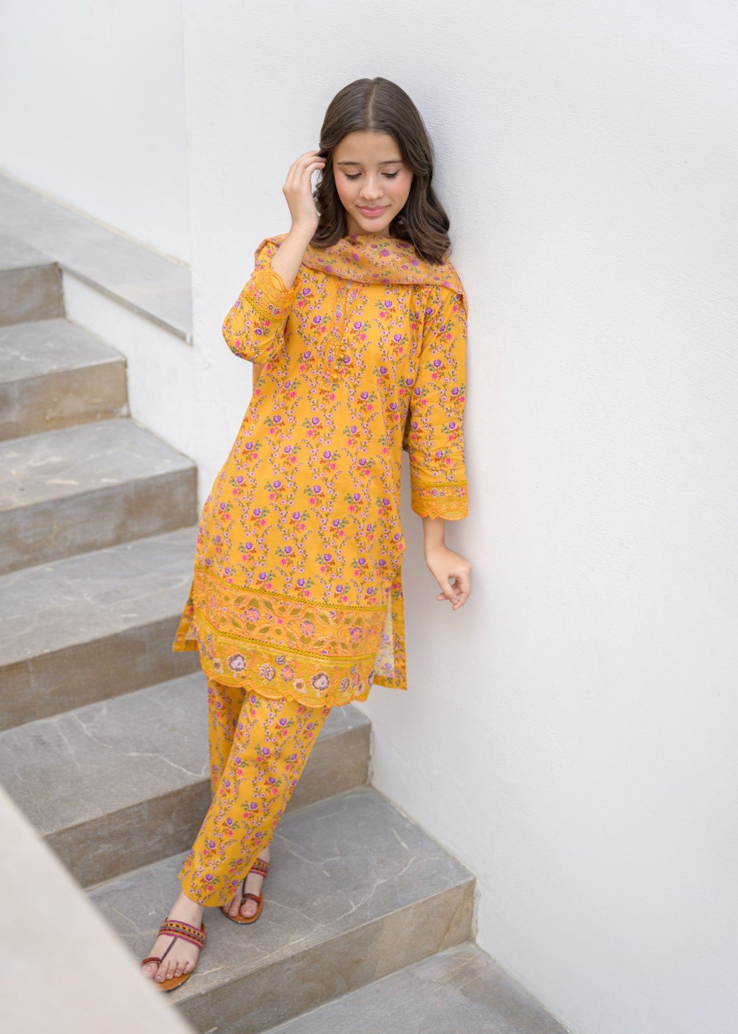 lawn Kurta Set in Yellow