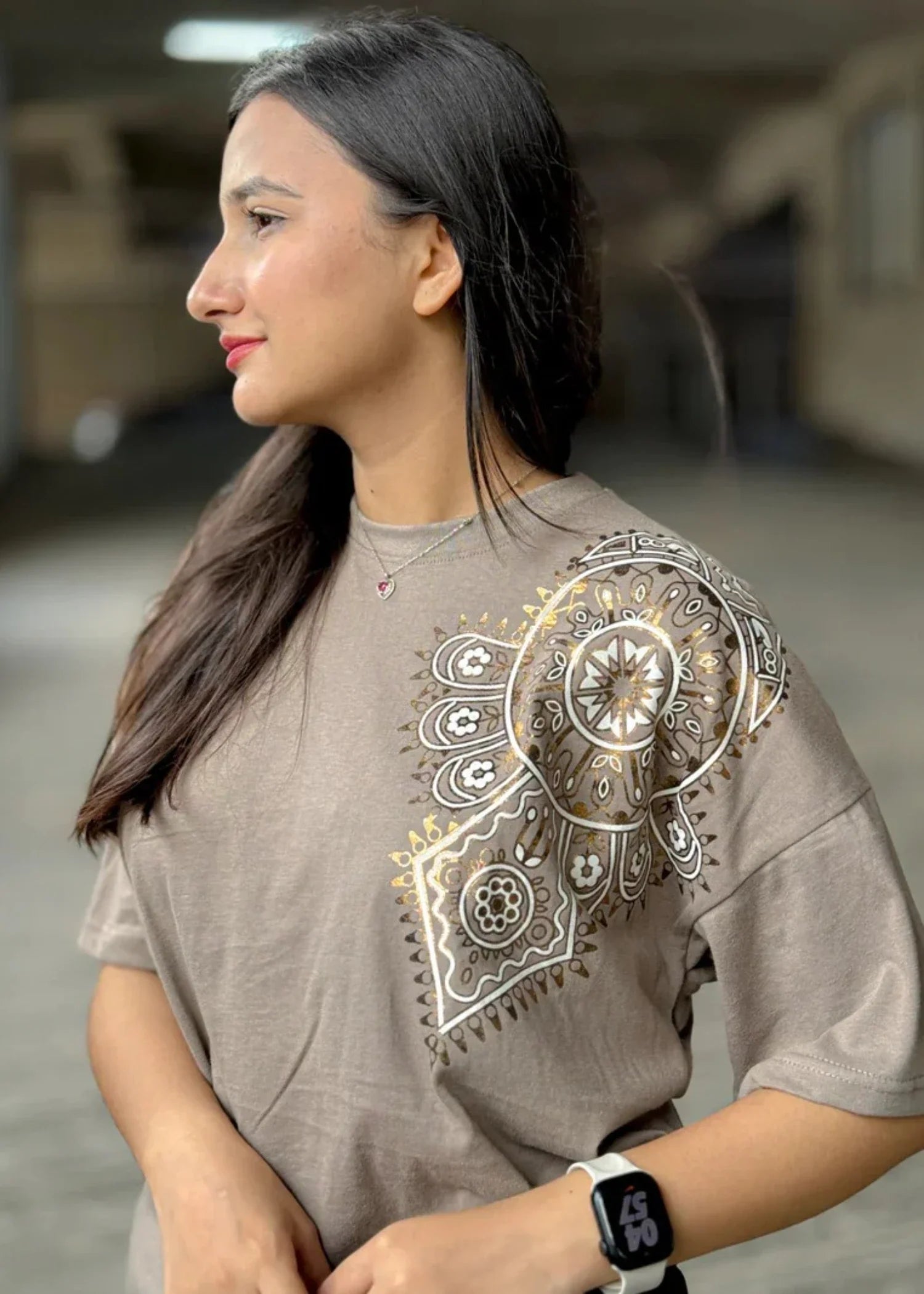 polycotton T Shirt in Camel brown