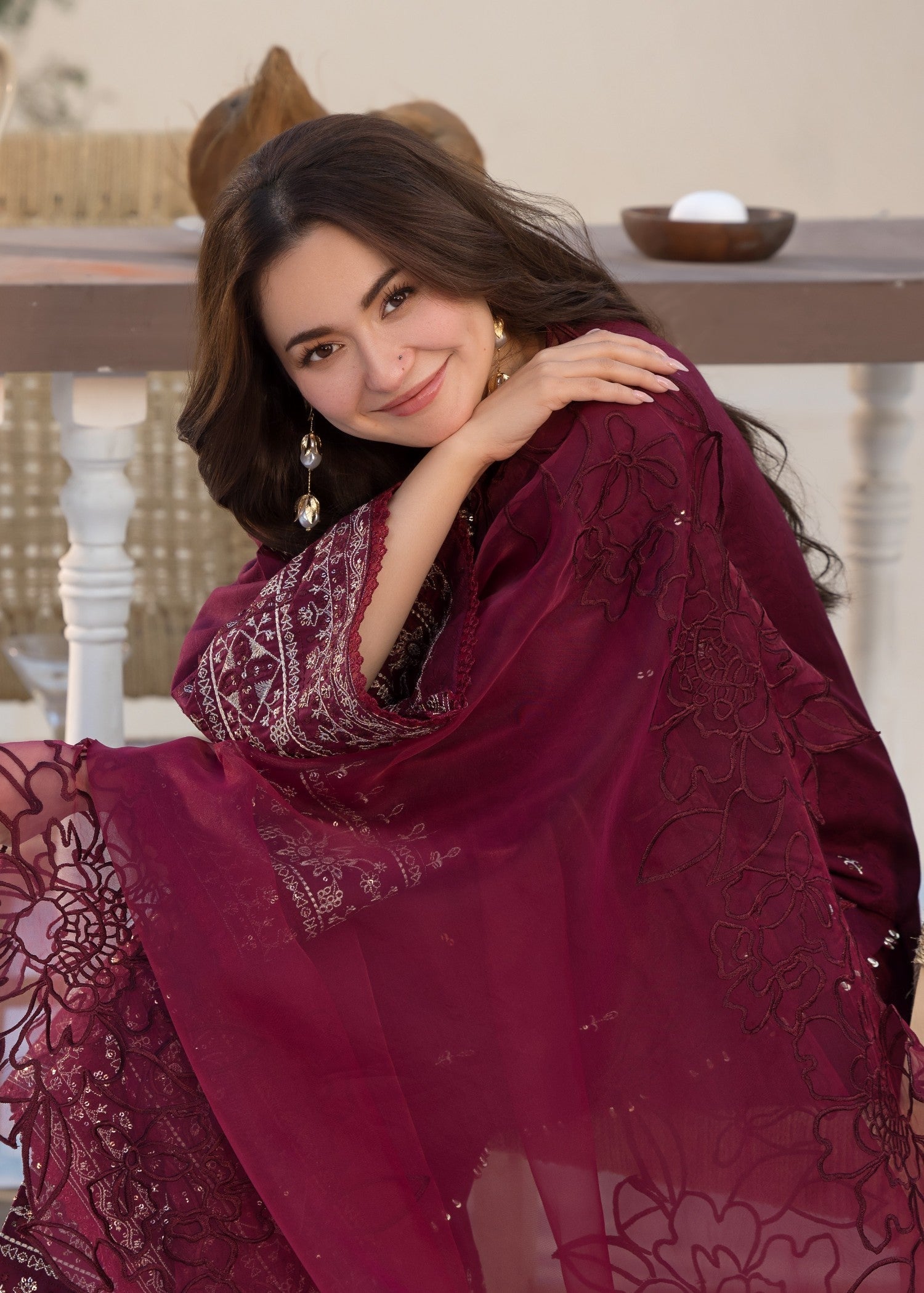 self jacquard Kurta Set in Maroon