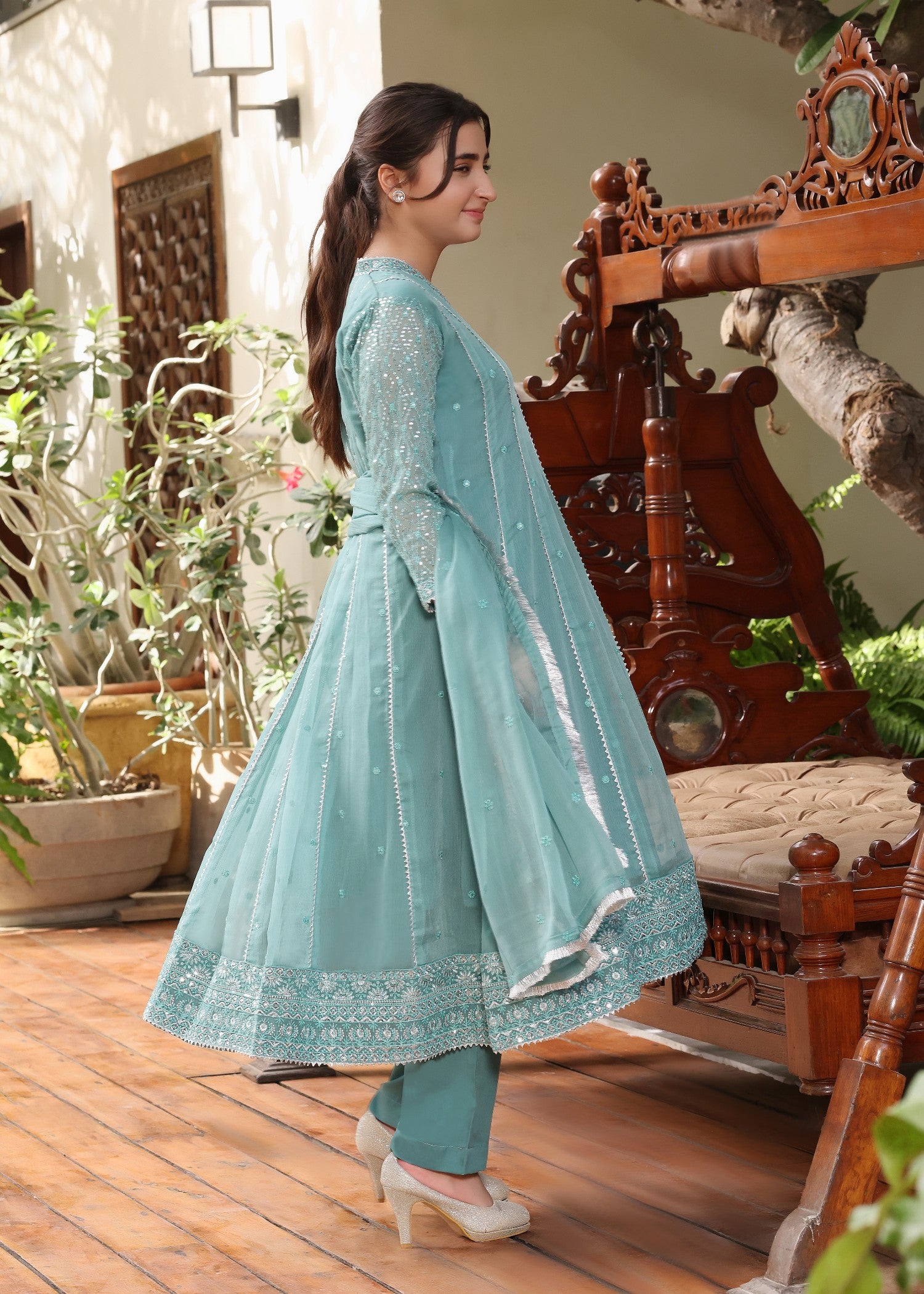 chiffon Pishwas in Sea green