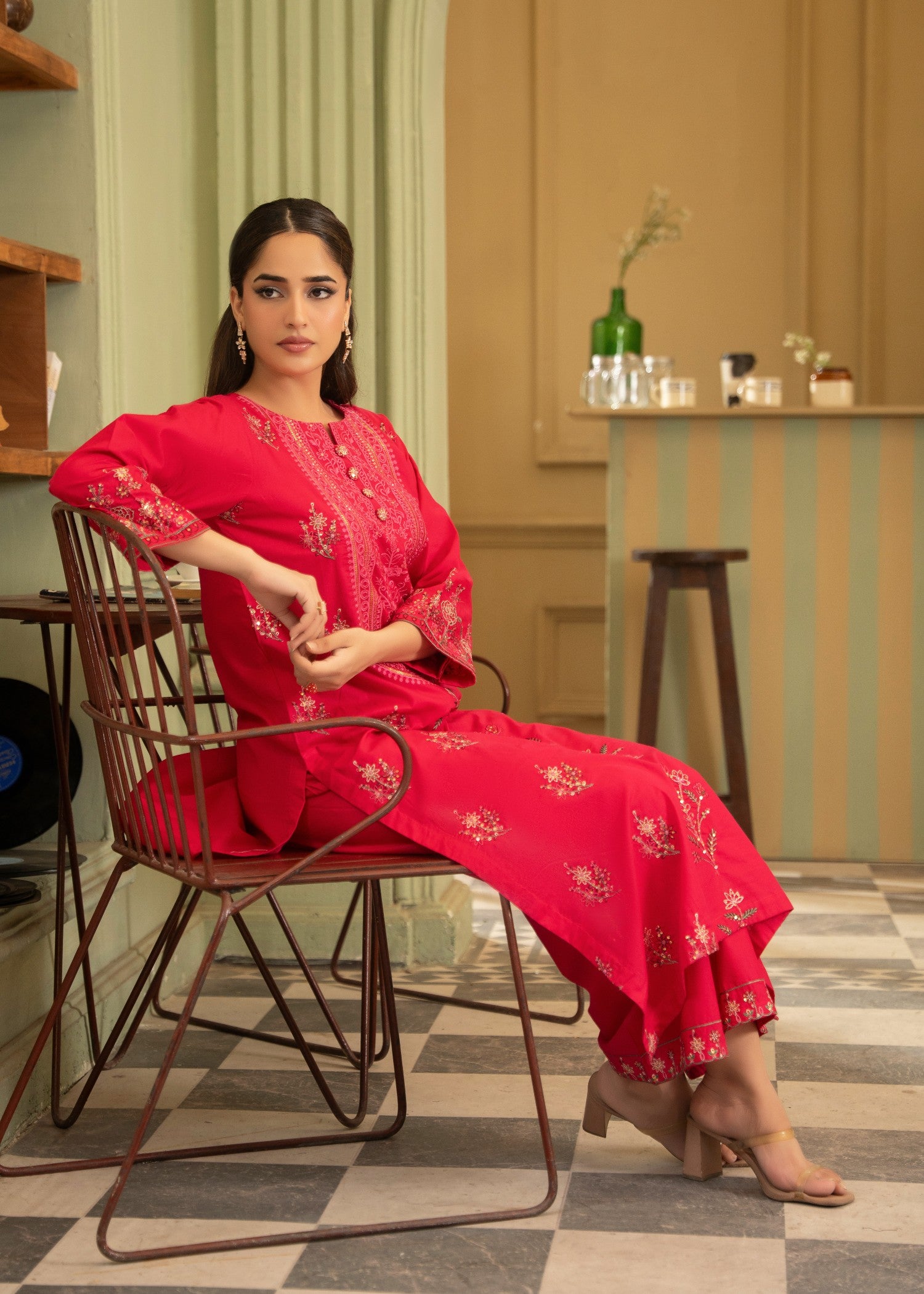 lawn cotton Kurta Set in Raspberry pink
