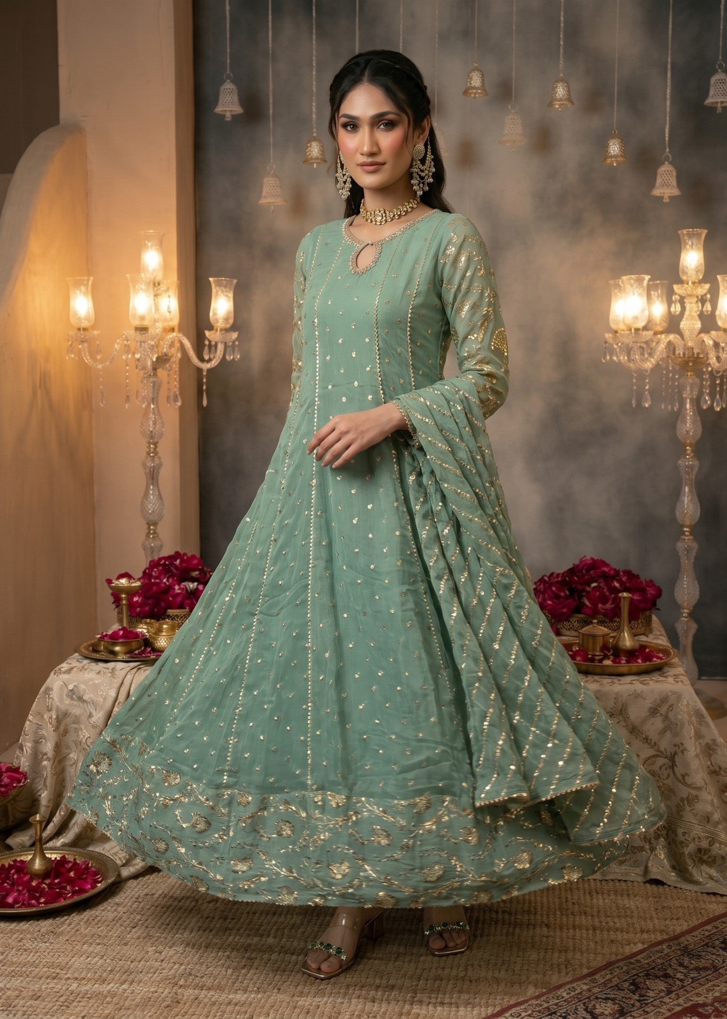 chiffon Anarkali in Mint green