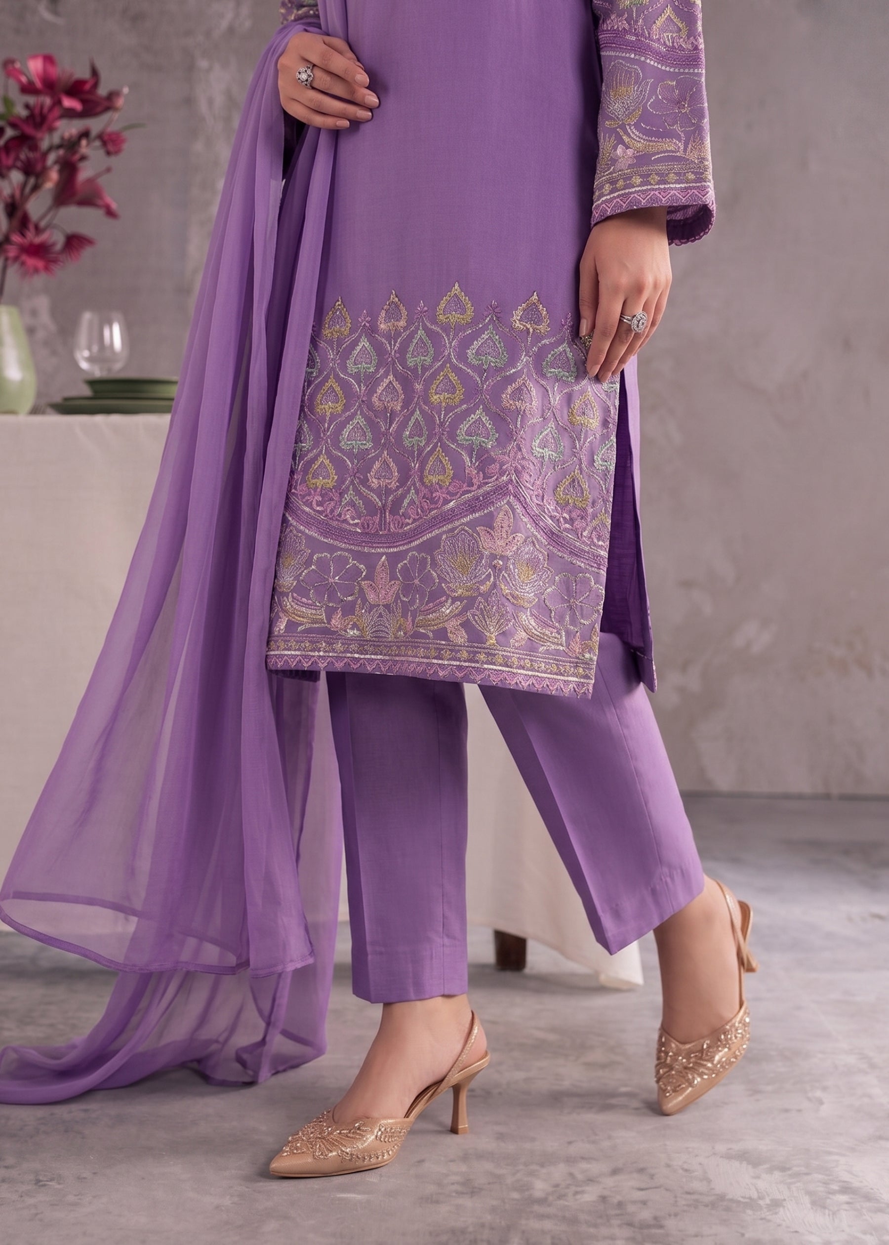 linen Kurta Set in Bright lavender