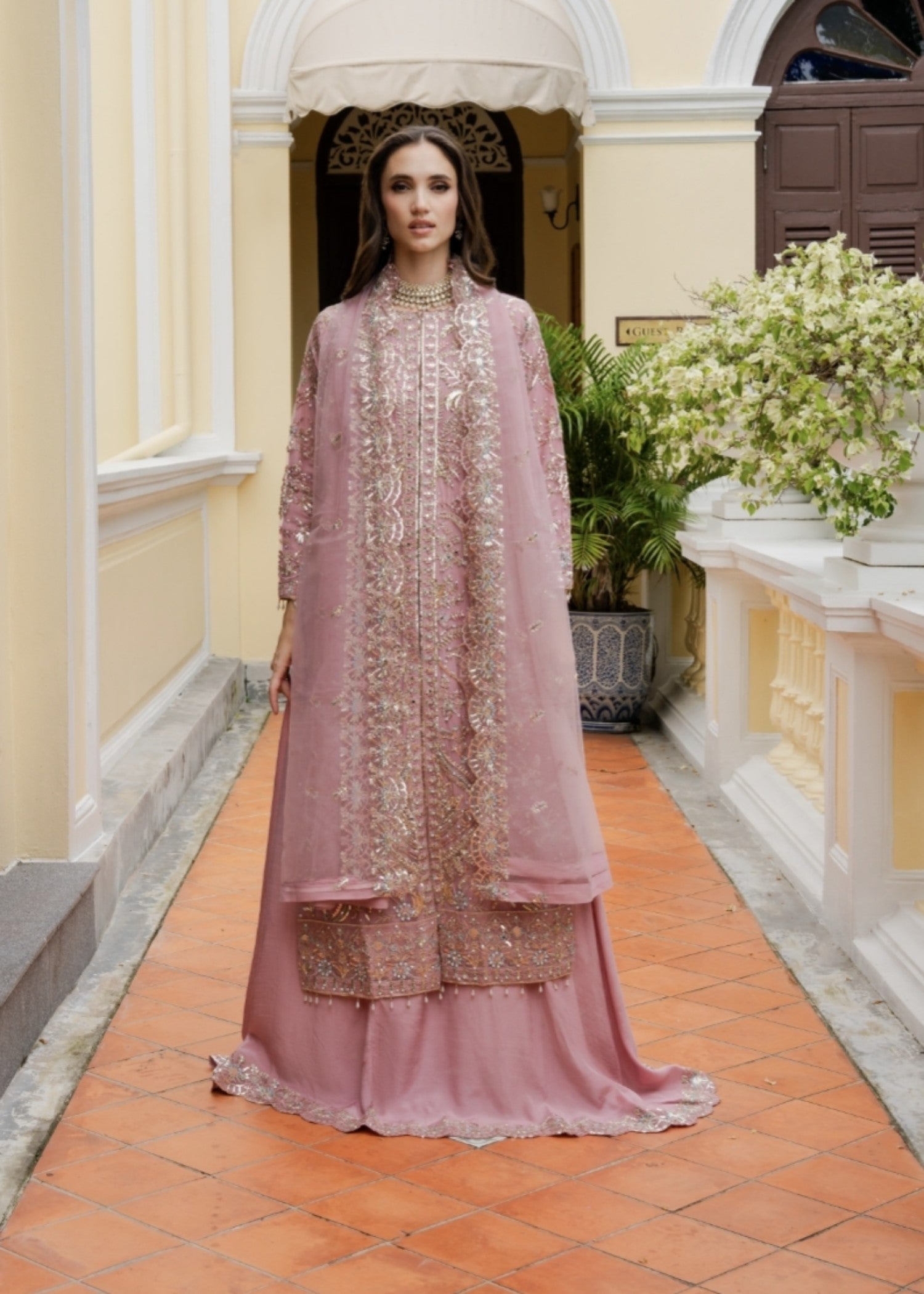 net Lehenga in Tea rose pink