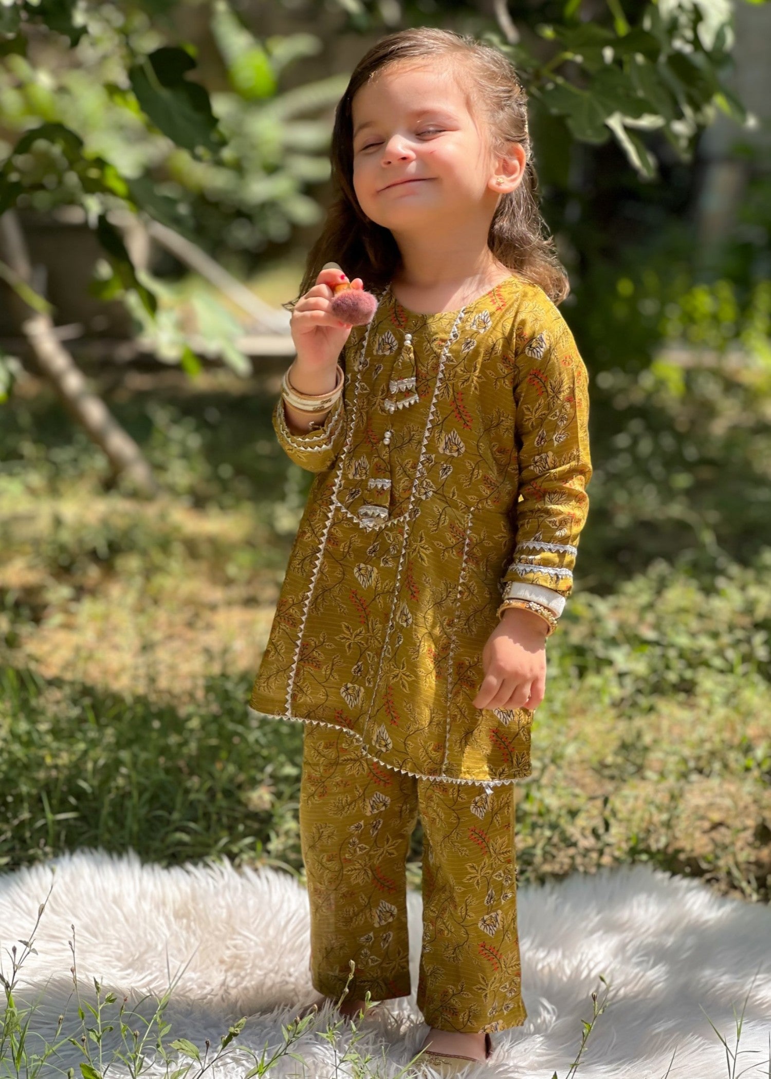 lawn Short Frock in Olive green