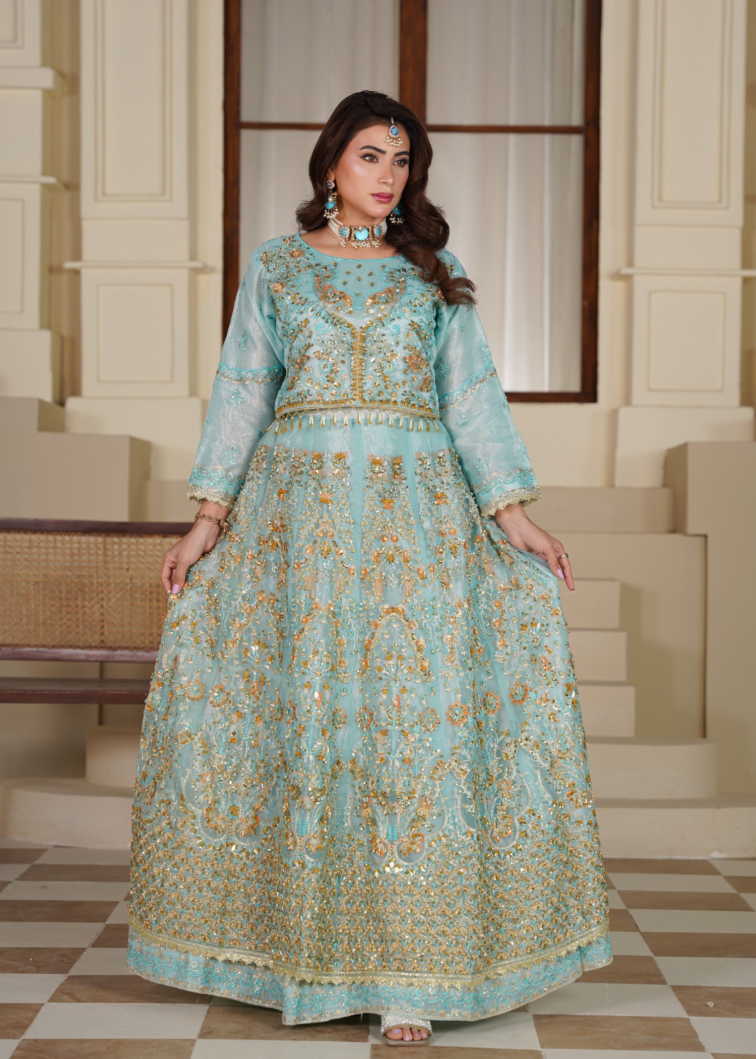 organza Lehenga in Turquoise, gold