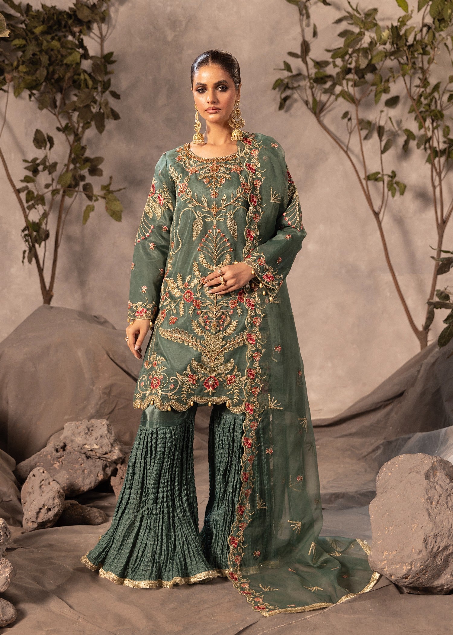 organza Gharara in Green