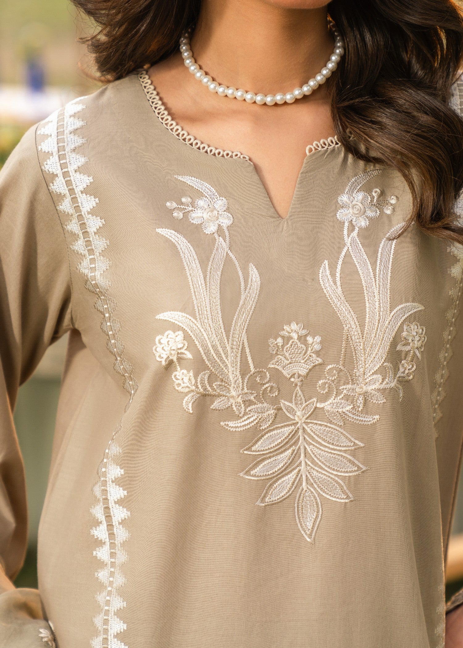 lawn Kurta Set in Khaki brown, seashell