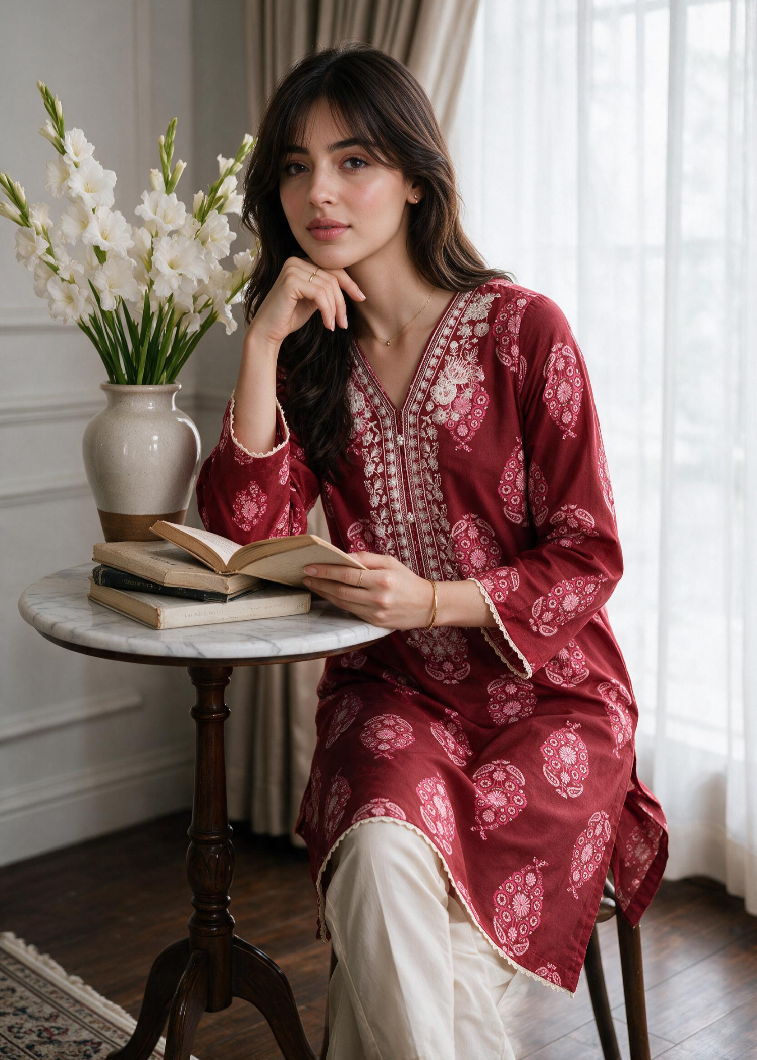 lawn Kurti in Rose red
