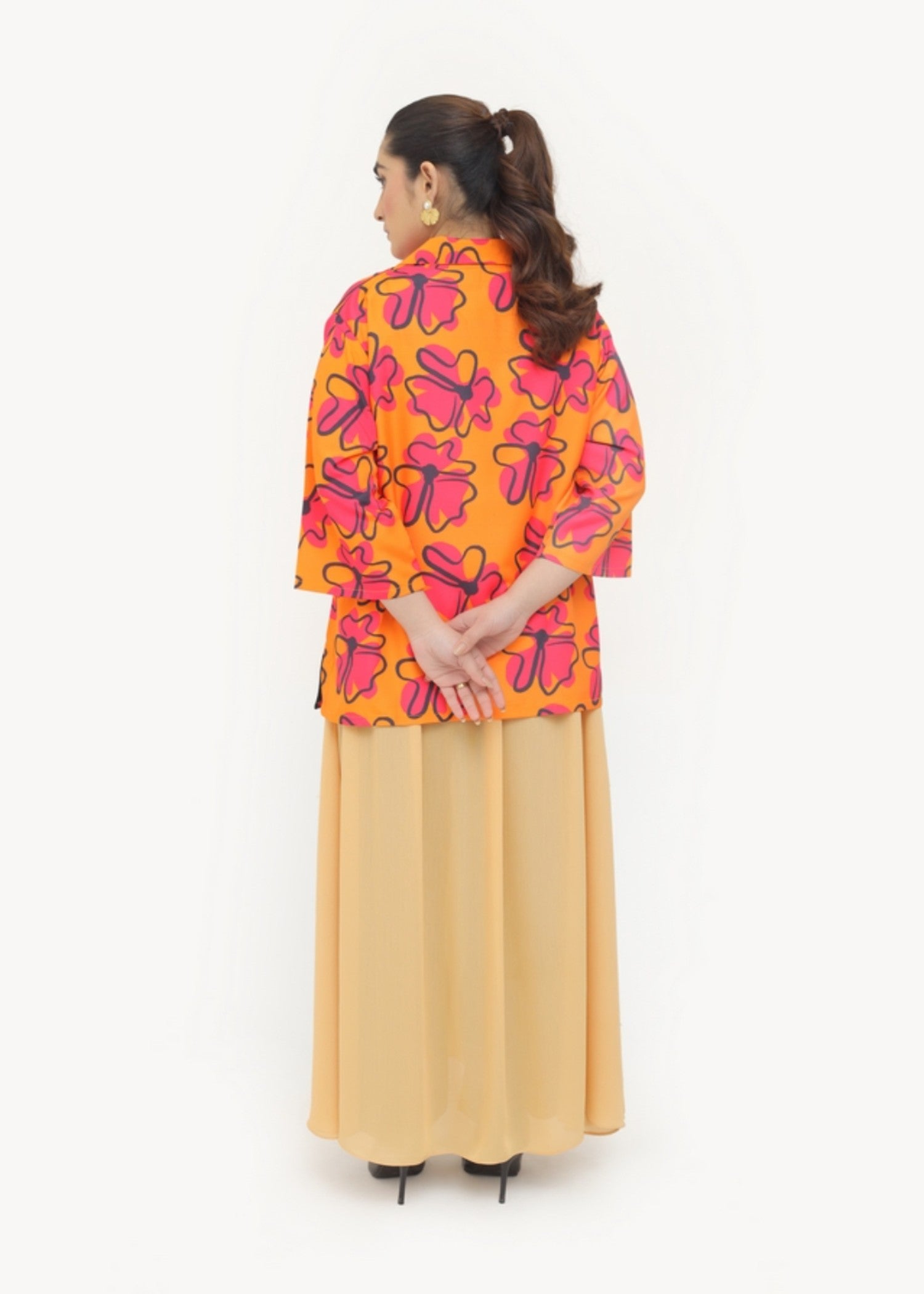 silk finish lawn Top in Coral orange