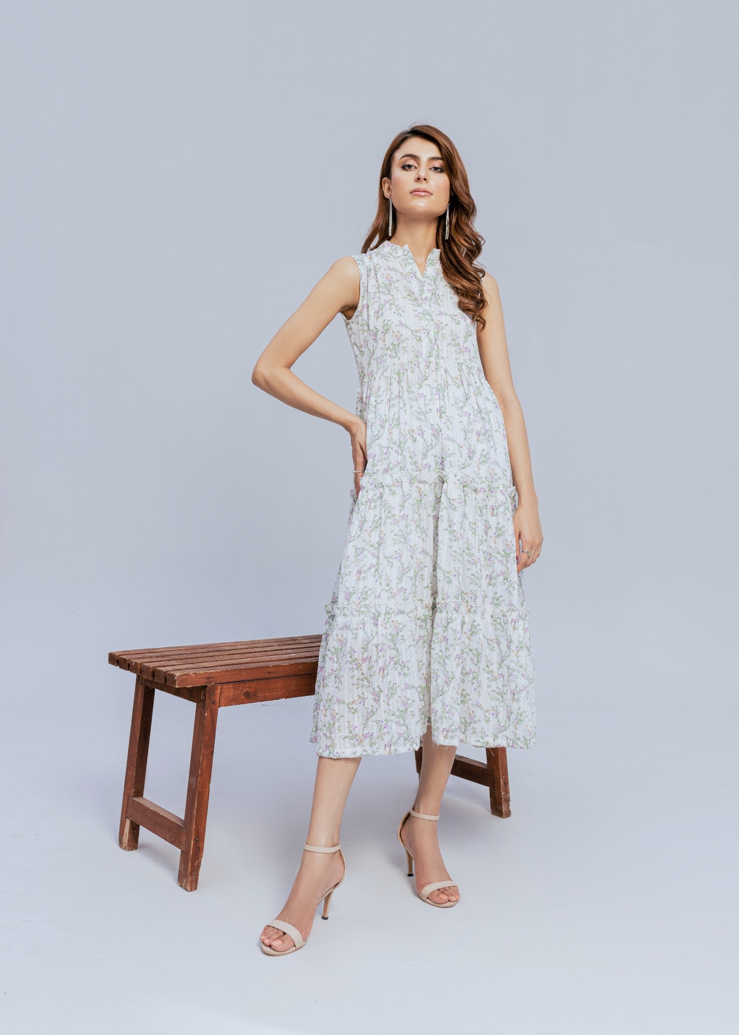 textured lawn Dress in White