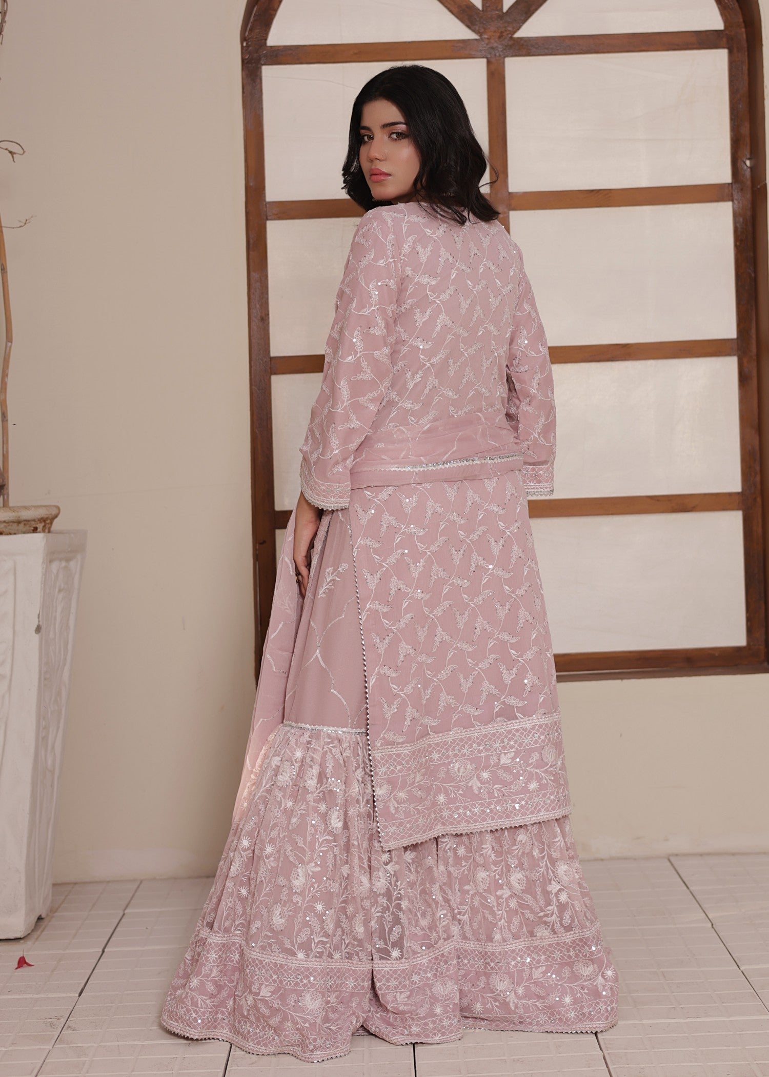 bemberg crinkle chiffon Gharara in Tea rose pink