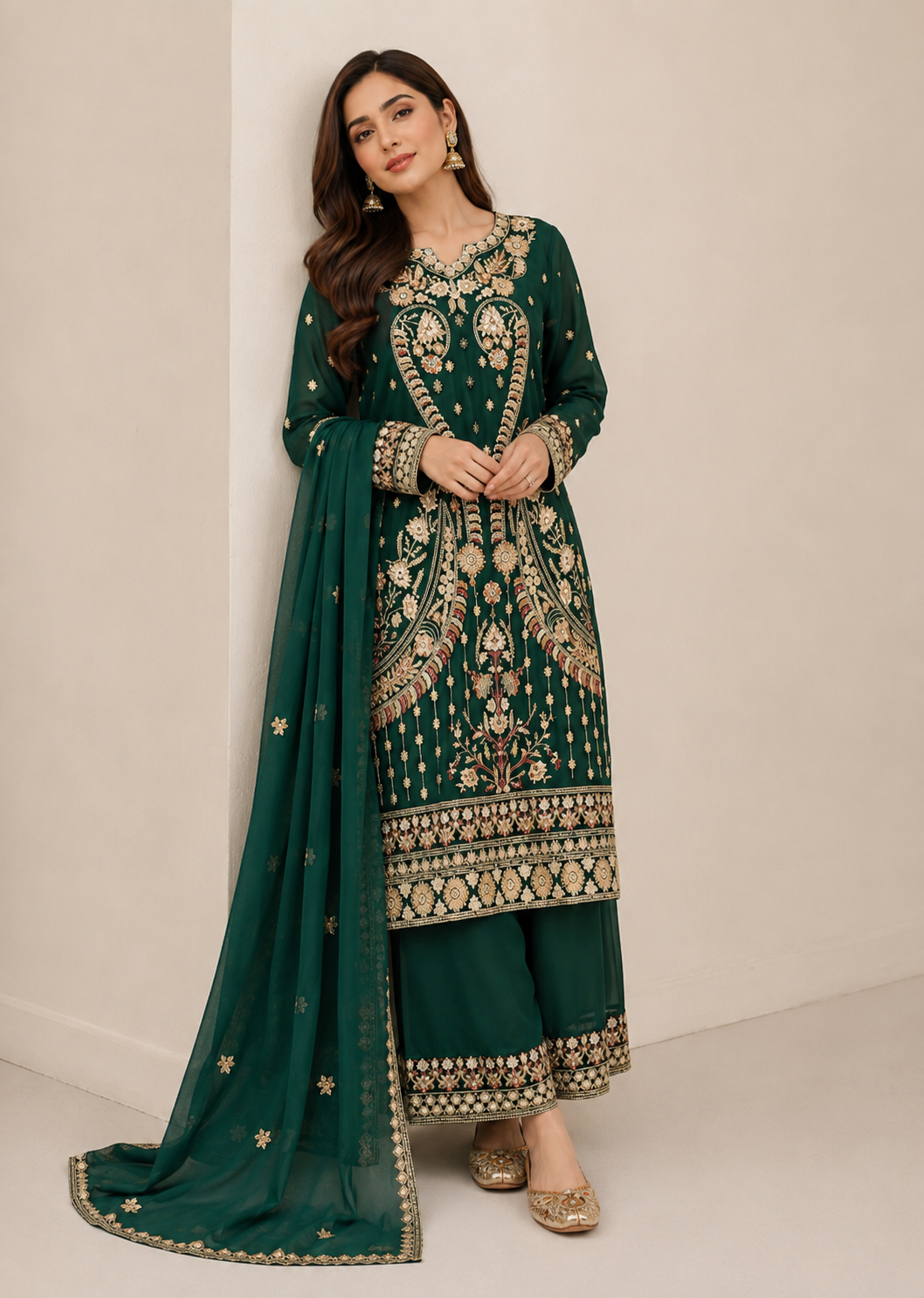 chiffon Kurta Set in Forest green