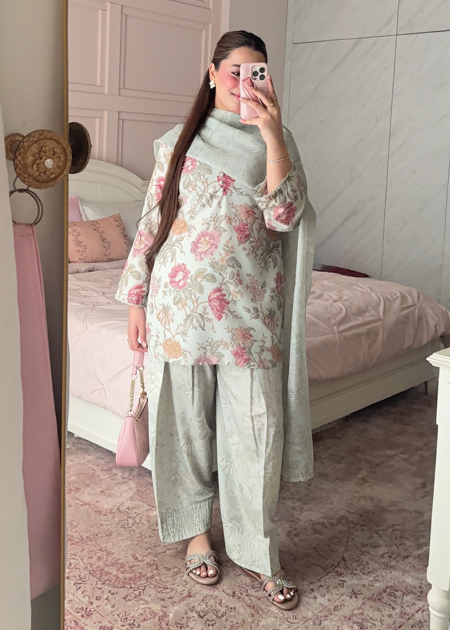 silk finish lawn Kurta Set in Mint green