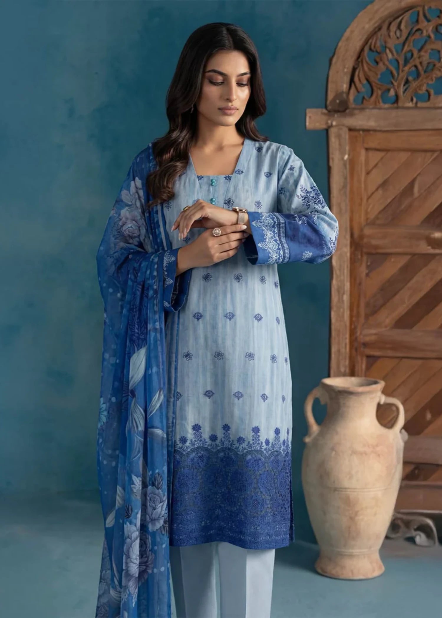 lawn Unstitched in Light blue, royal blue