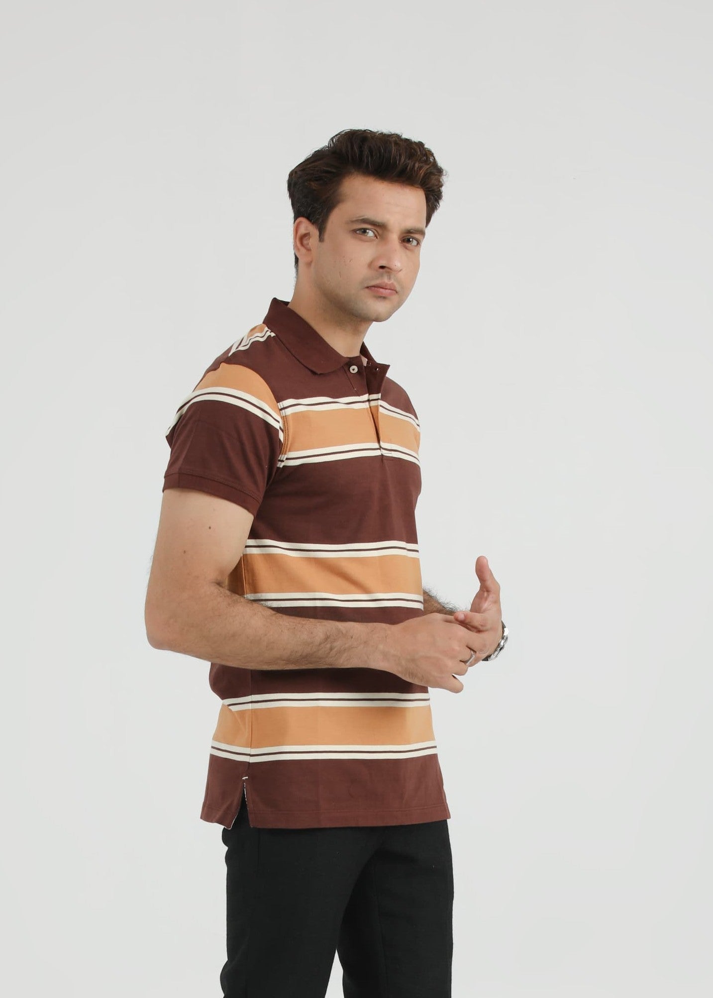 single jersey knit Polo Shirt in Camel brown