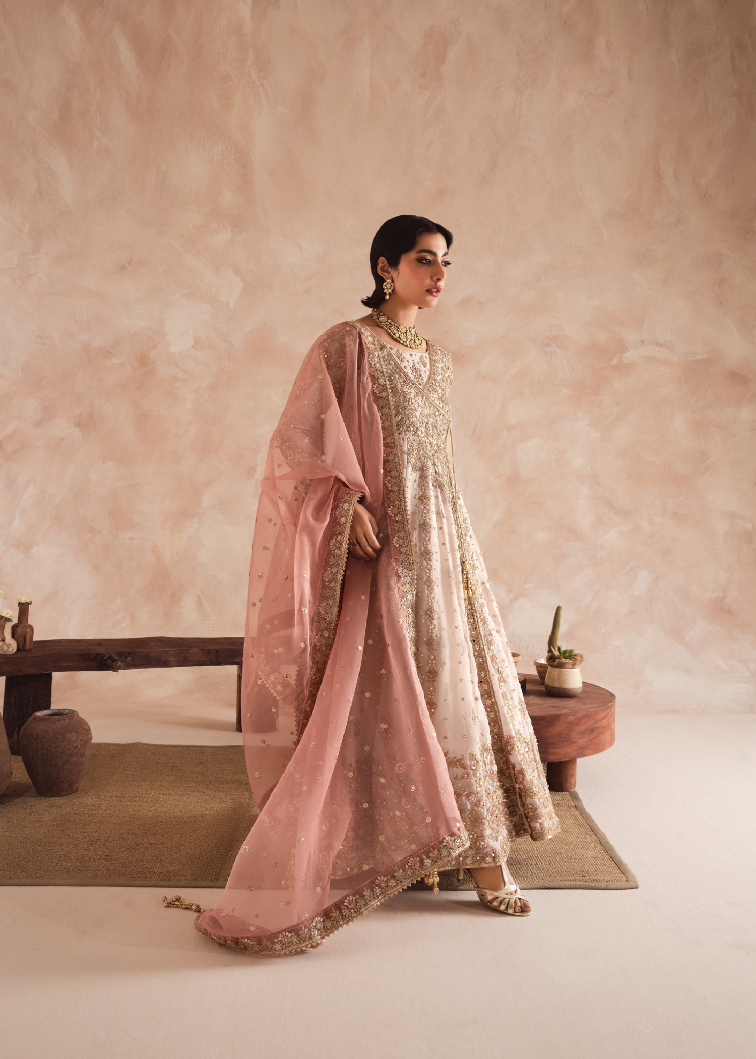 chiffon Angrakha in Ivory