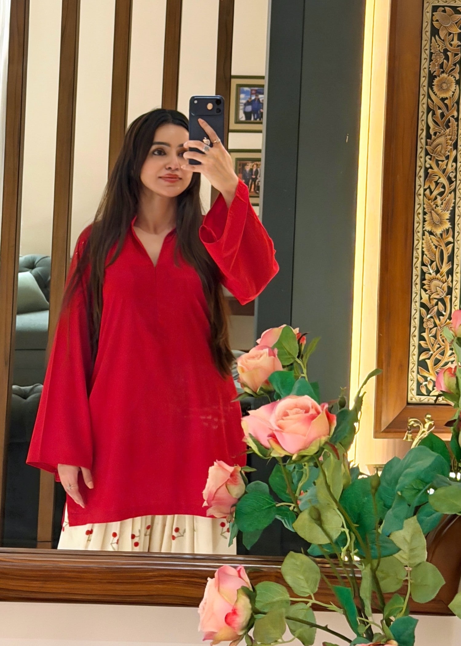 arabic lawn Kurta Set in Red, cream