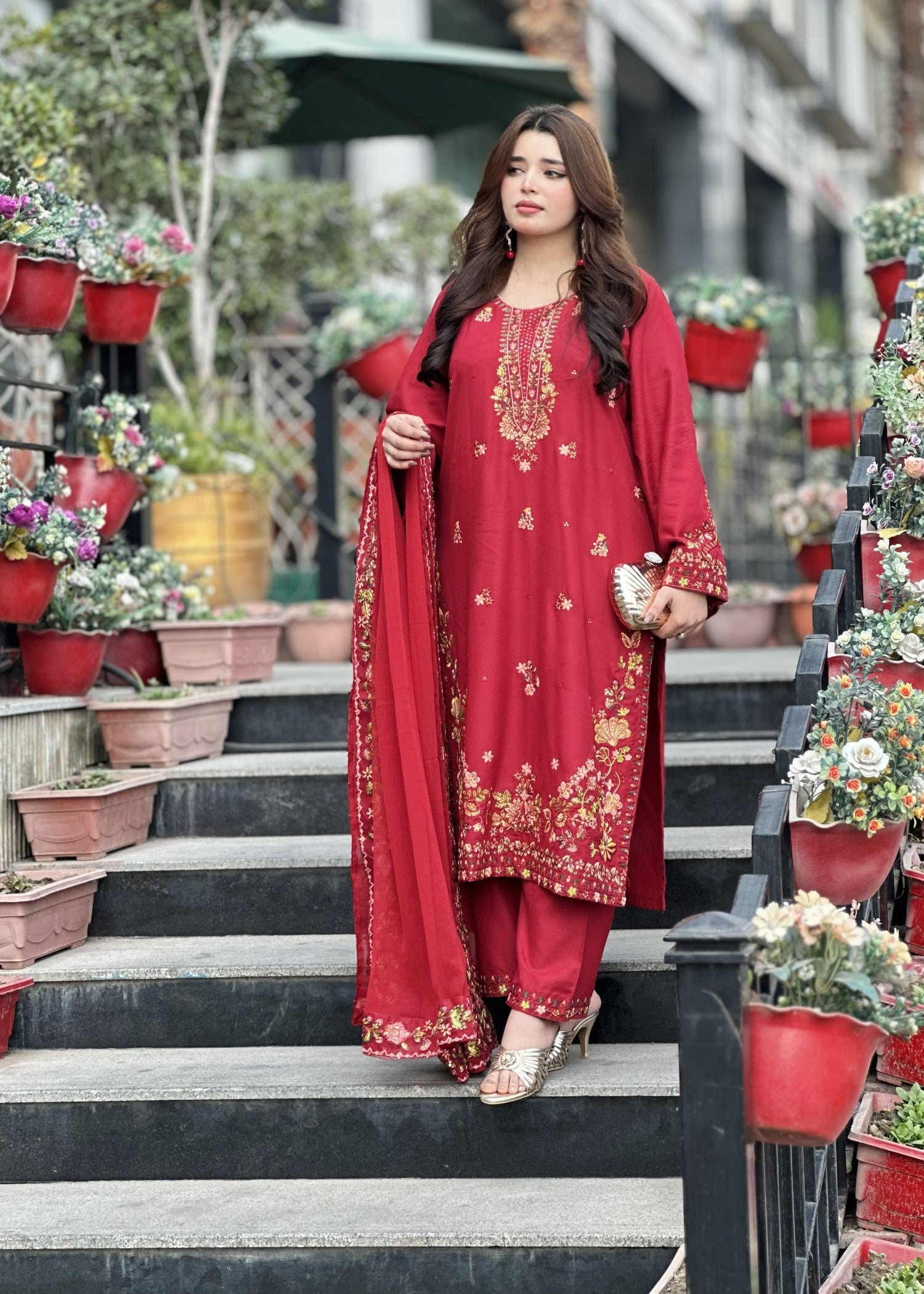 lawn cotton Kurta Set in Amaranth