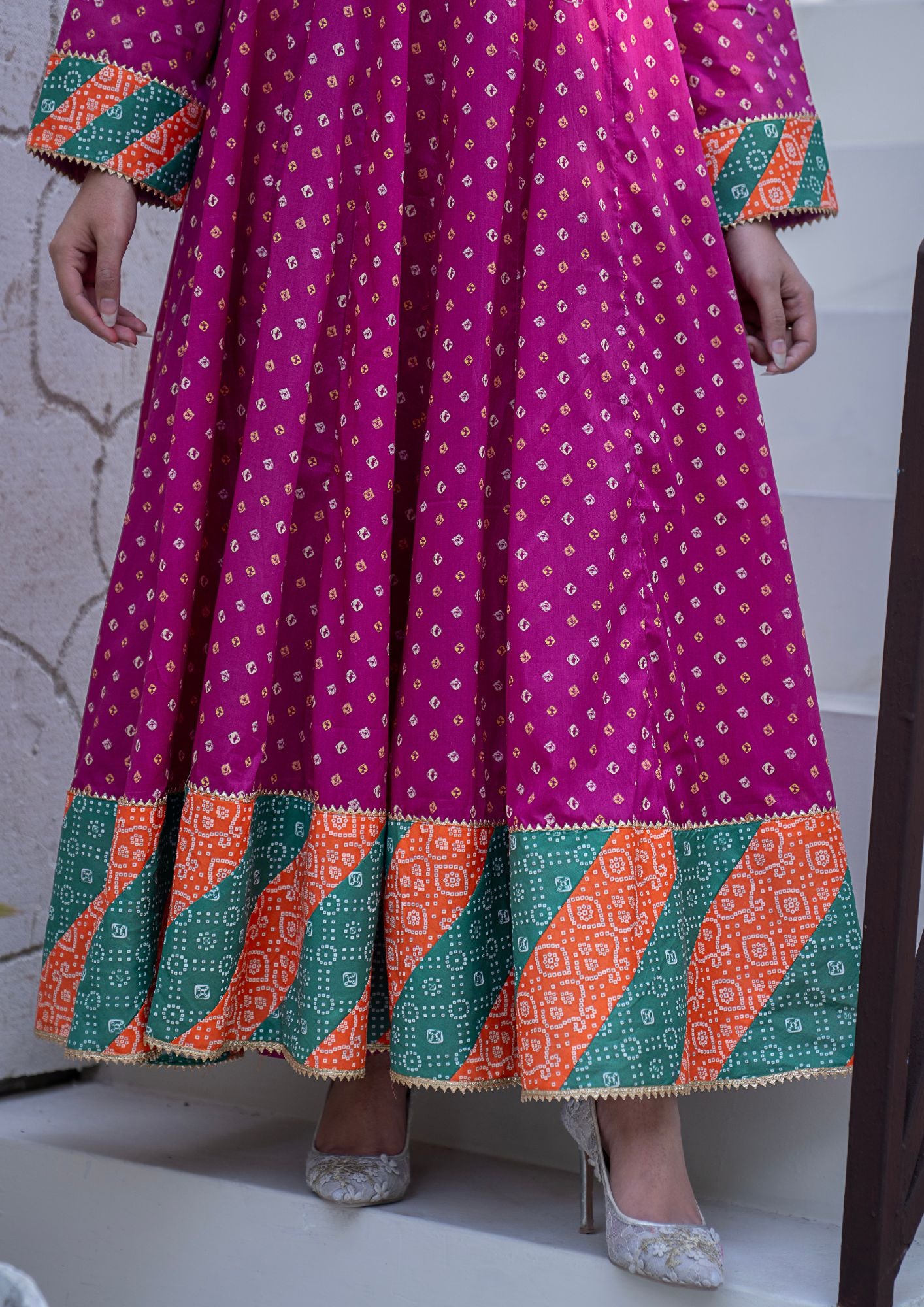 lawn Pishwas in Sea green, magenta haze