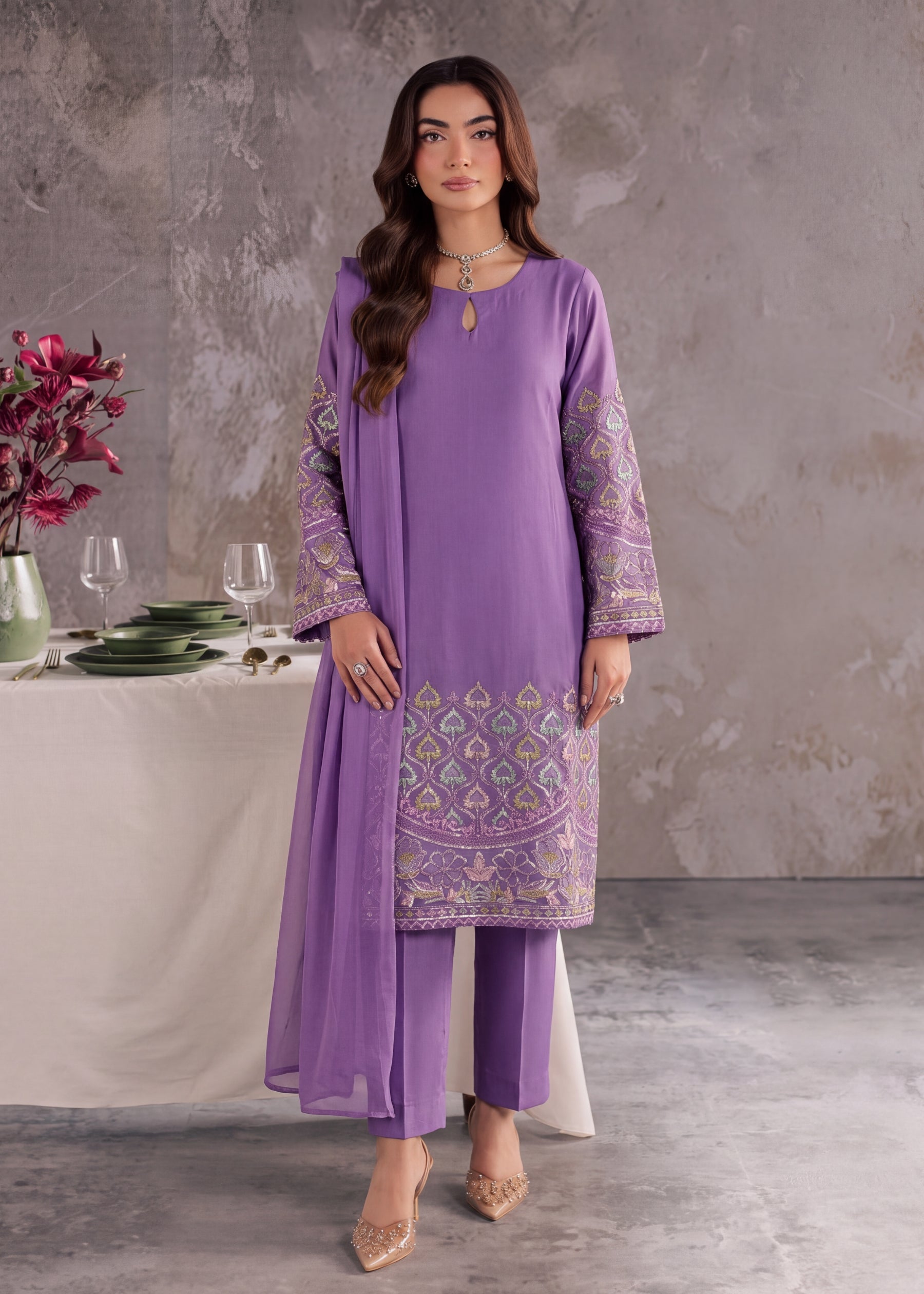 linen Kurta Set in Bright lavender
