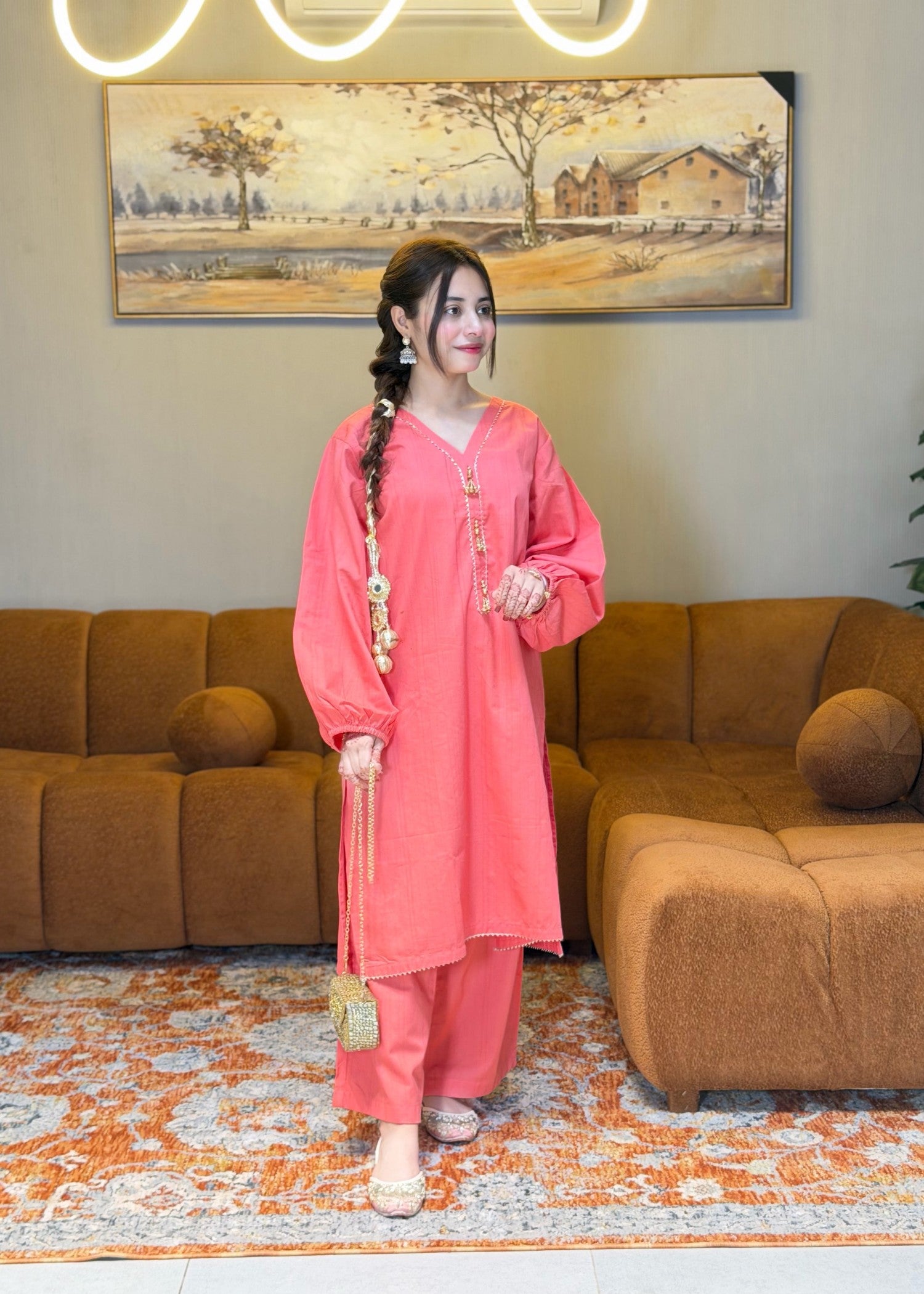yarn dyed jacquard Kurta Set in Coral orange