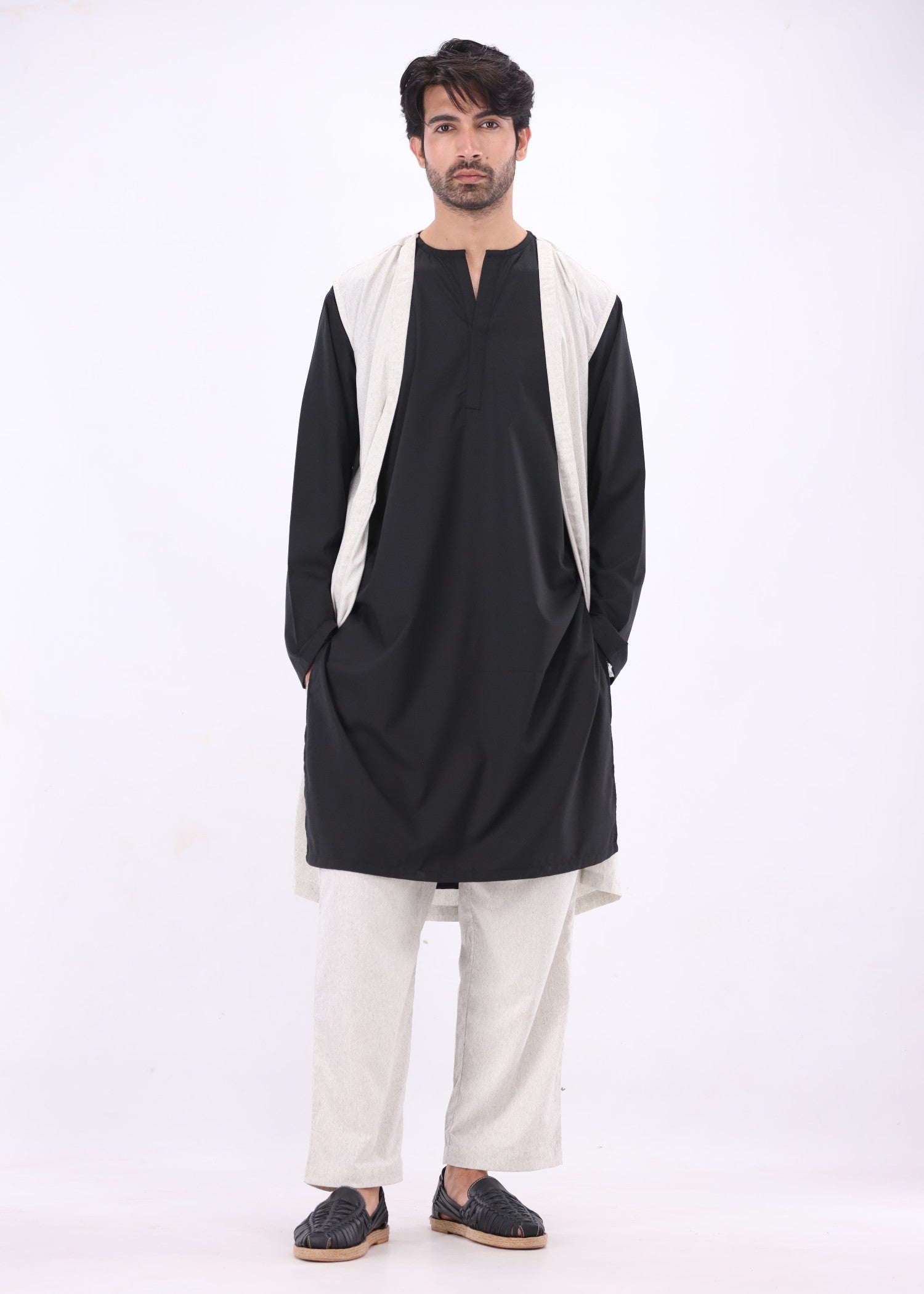 wash & wear Kurta Set in Black, light grey