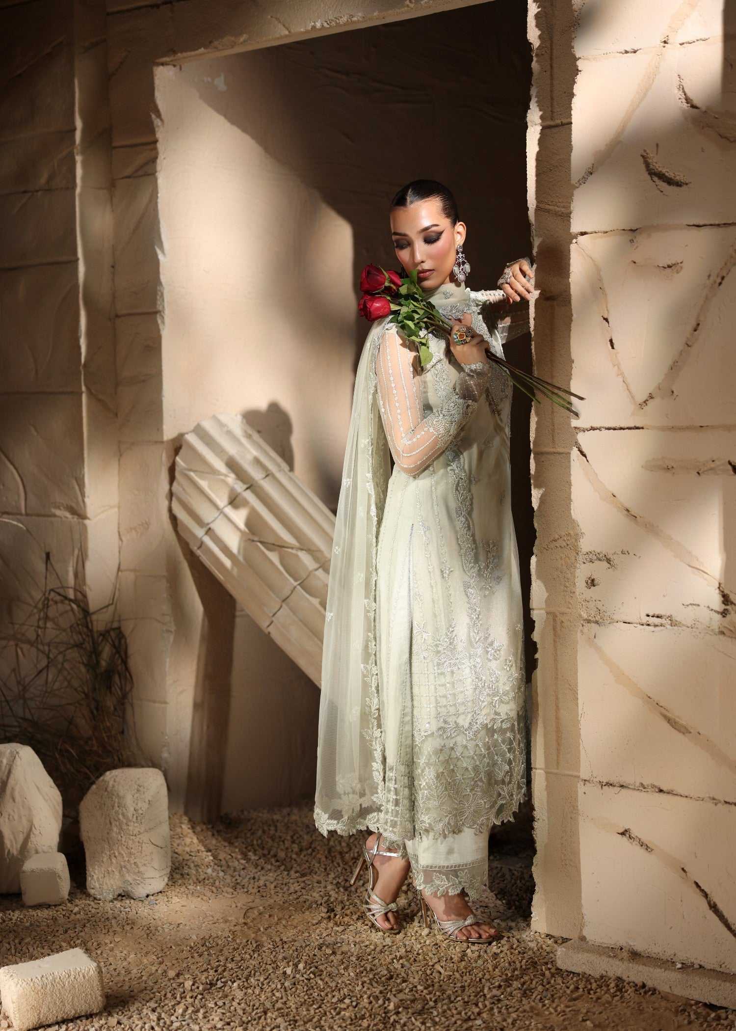 net Kurta Set in Tea green