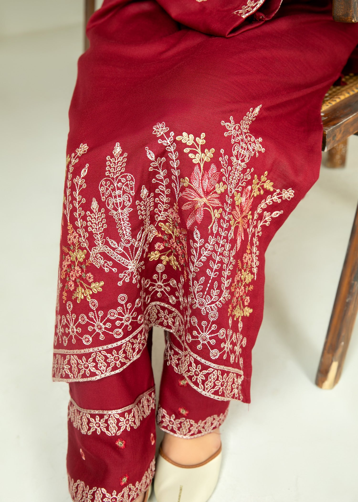 peach wool Kurta Set in Maroon