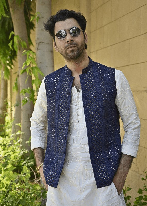 raw silk Waistcoat in Navy blue